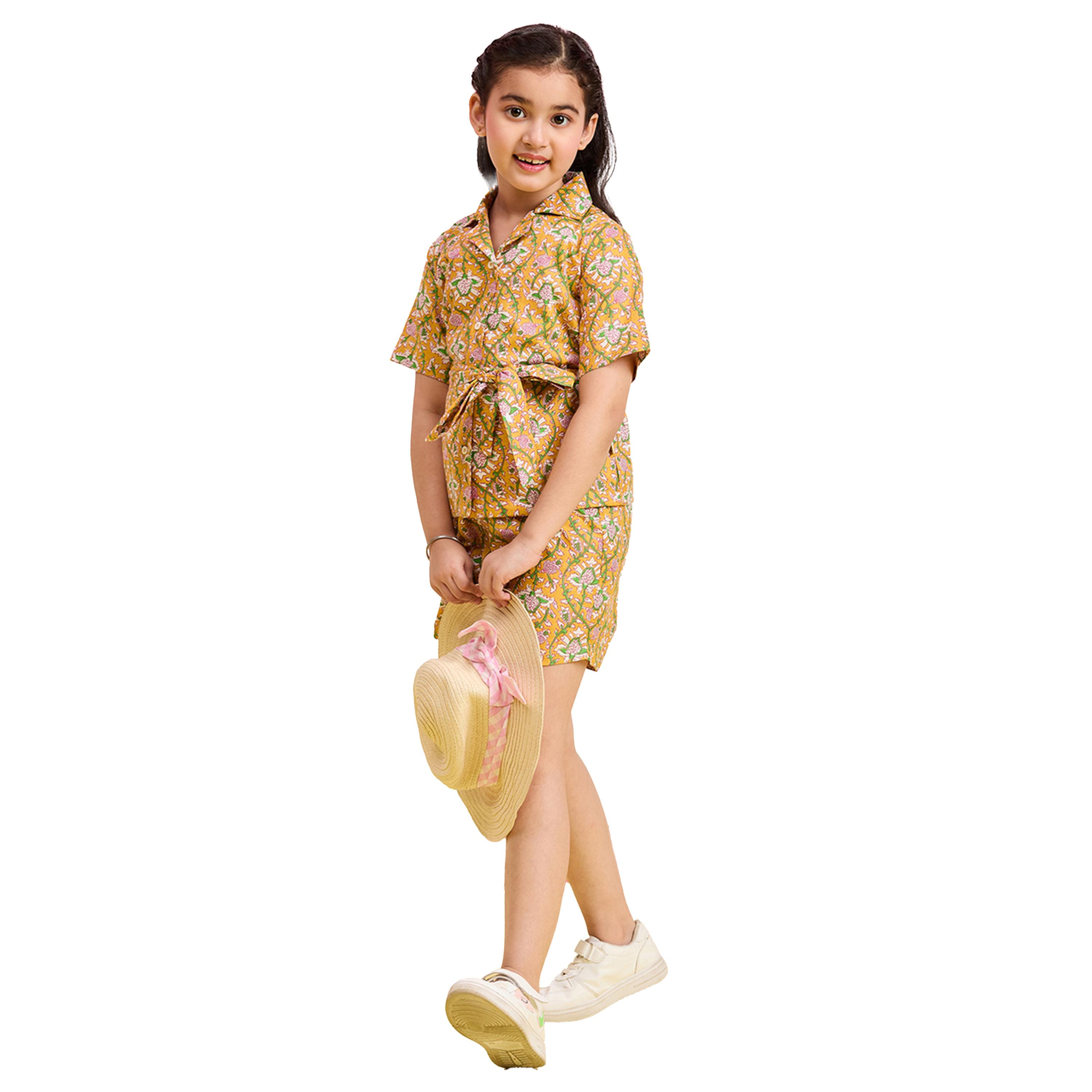 Stylo Bug X Styli Yellow Floral Cotton Shirt & Shorts Set for Girls-girls-clothing-setsandcoords-image-2