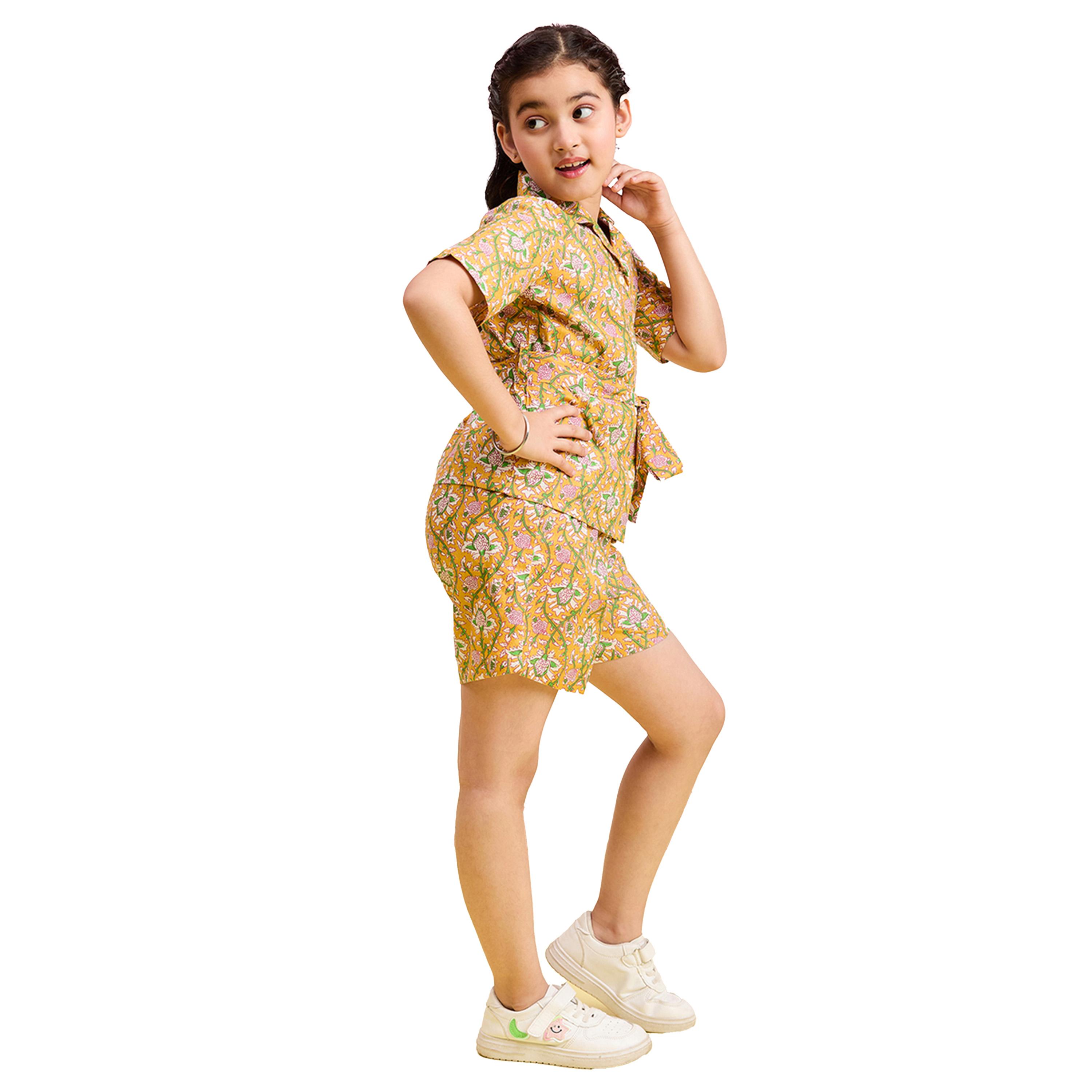 Stylo Bug X Styli Yellow Floral Cotton Shirt & Shorts Set for Girls-girls-clothing-setsandcoords-image-3