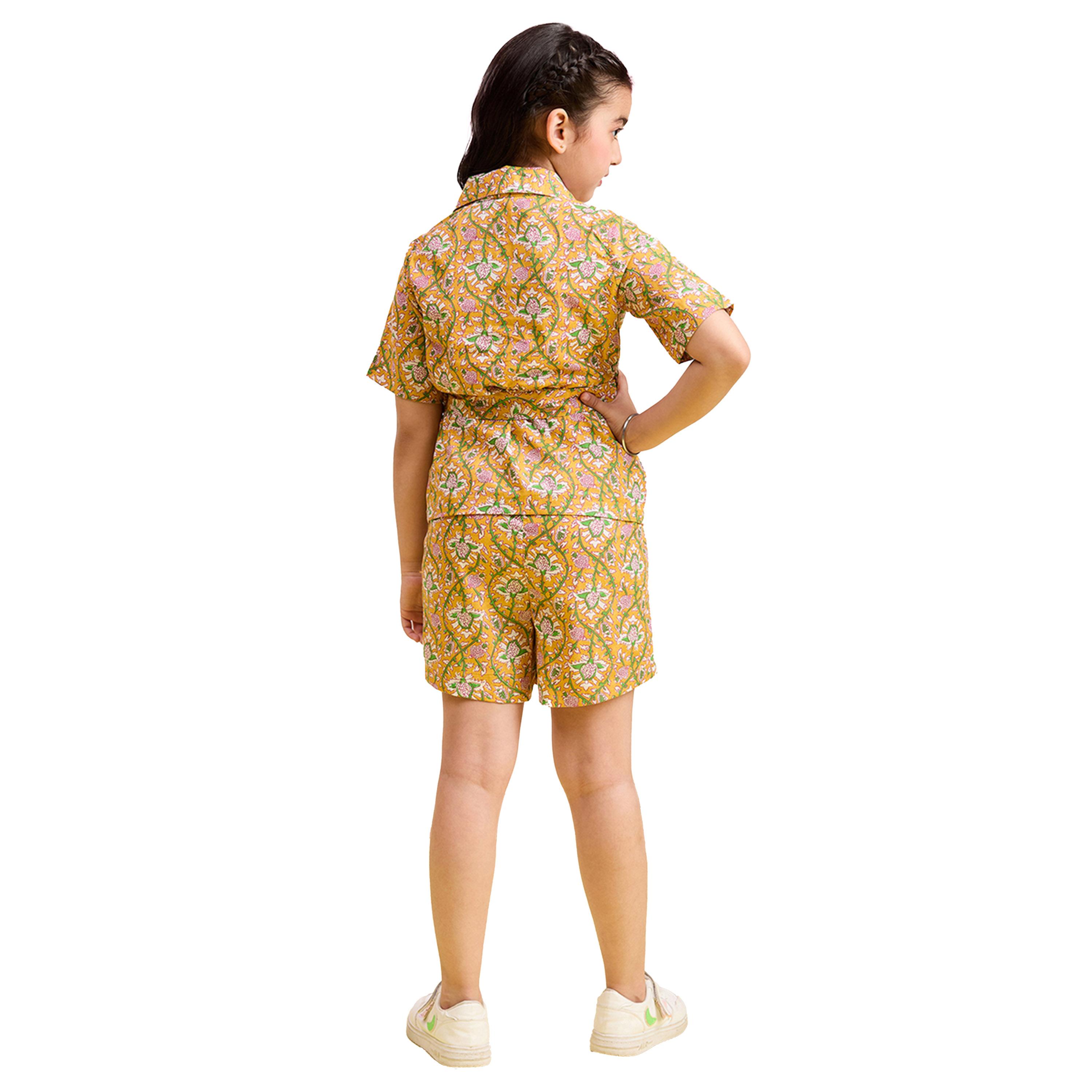 Stylo Bug X Styli Yellow Floral Cotton Shirt & Shorts Set for Girls-girls-clothing-setsandcoords-image-4