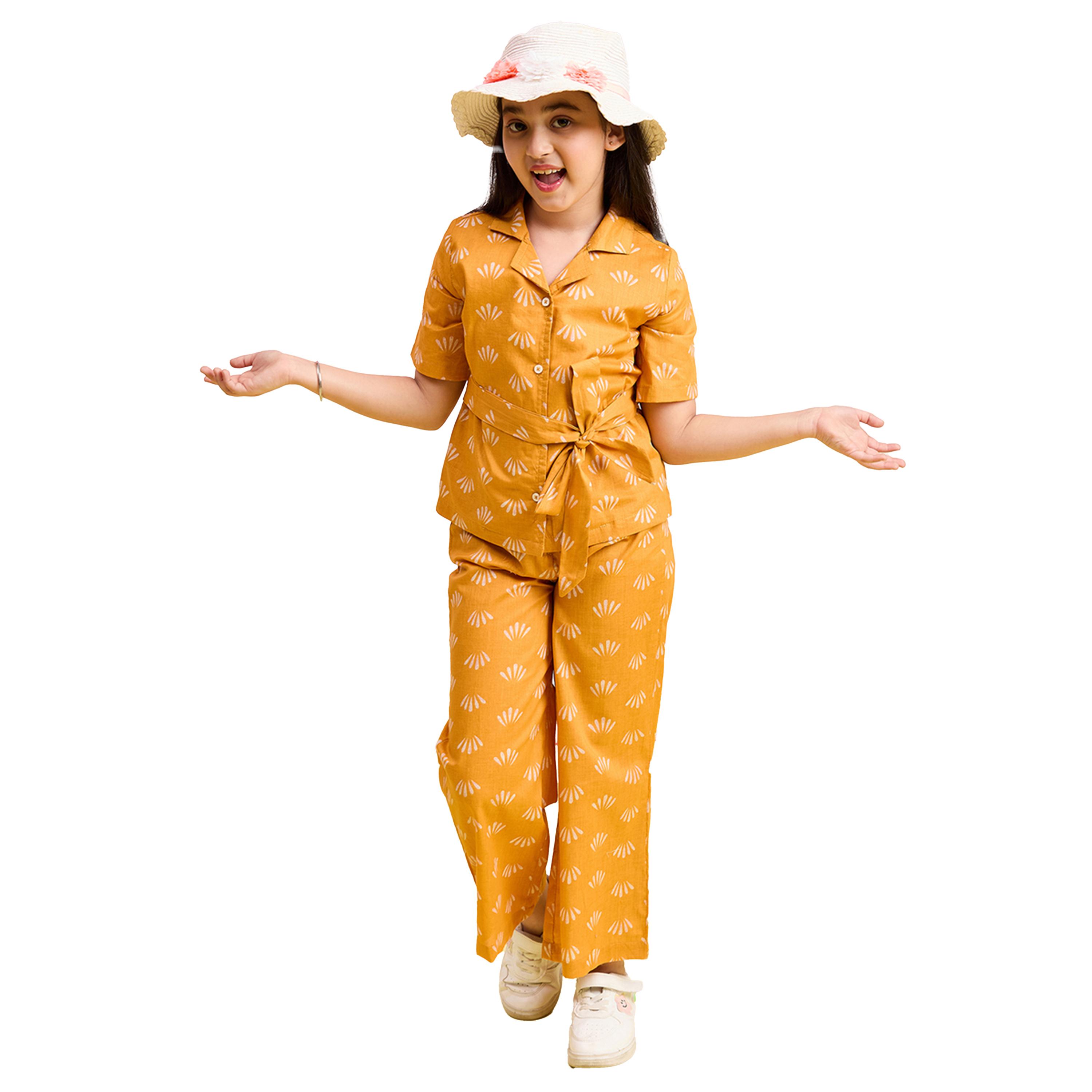 Stylo Bug X Styli Mustard Cotton Shirt and Trousers Set for Girls-girls-clothing-setsandcoords-image-1