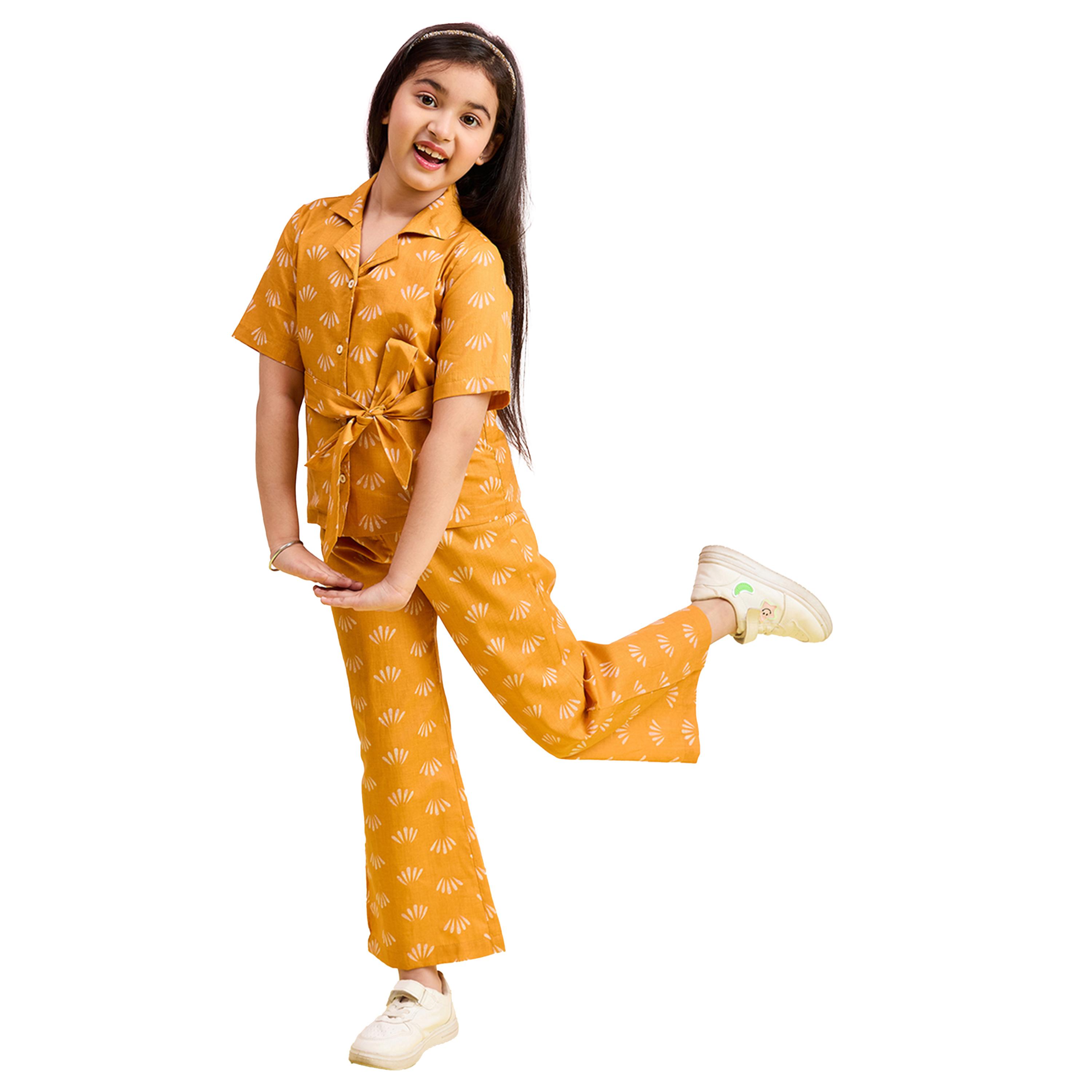 Stylo Bug X Styli Mustard Cotton Shirt and Trousers Set for Girls-girls-clothing-setsandcoords-image-2
