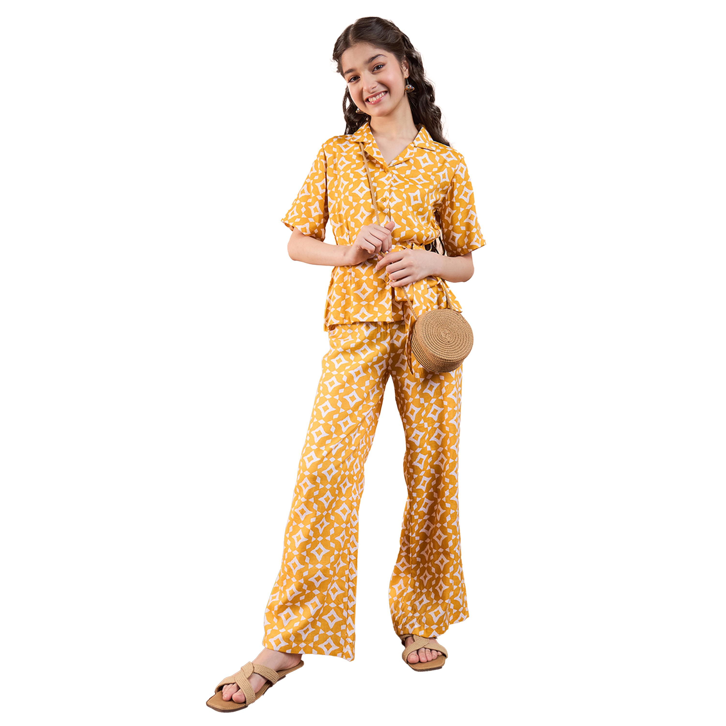 ستايلو باغ × ستايلي- طقم بلوزة وبنطلون بياقة مطبوعة باللون الأصفر للبنات-girls-clothing-setsandcoords-image-2