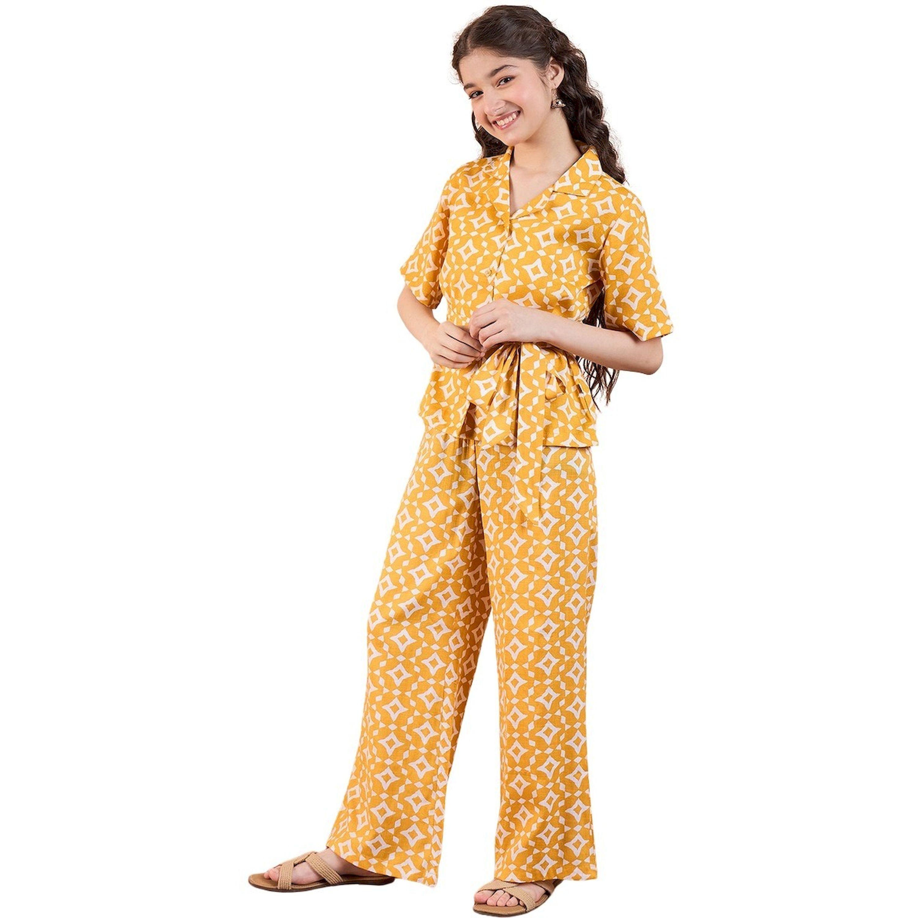 ستايلو باغ × ستايلي- طقم بلوزة وبنطلون بياقة مطبوعة باللون الأصفر للبنات-girls-clothing-setsandcoords-image-3