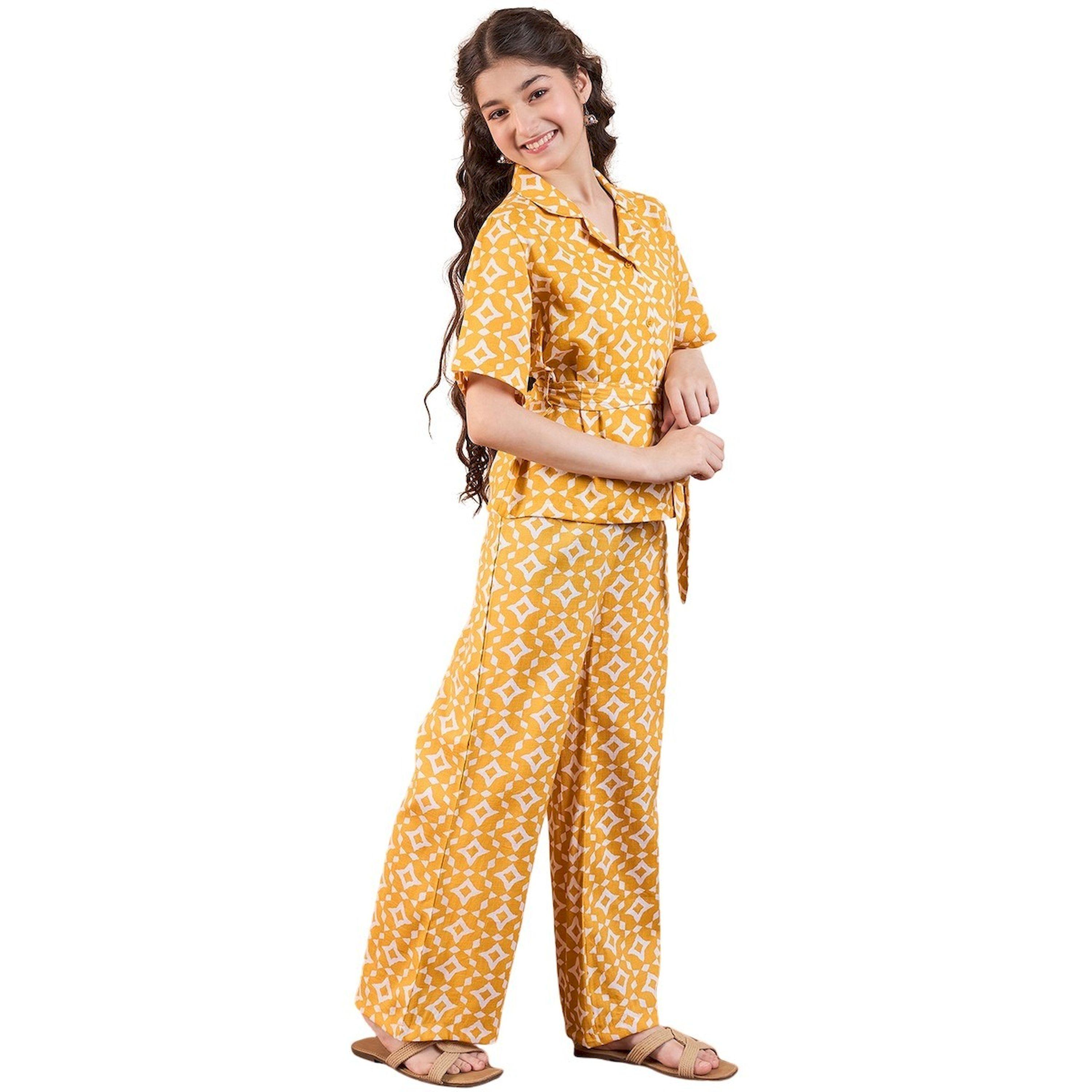 ستايلو باغ × ستايلي- طقم بلوزة وبنطلون بياقة مطبوعة باللون الأصفر للبنات-girls-clothing-setsandcoords-image-4