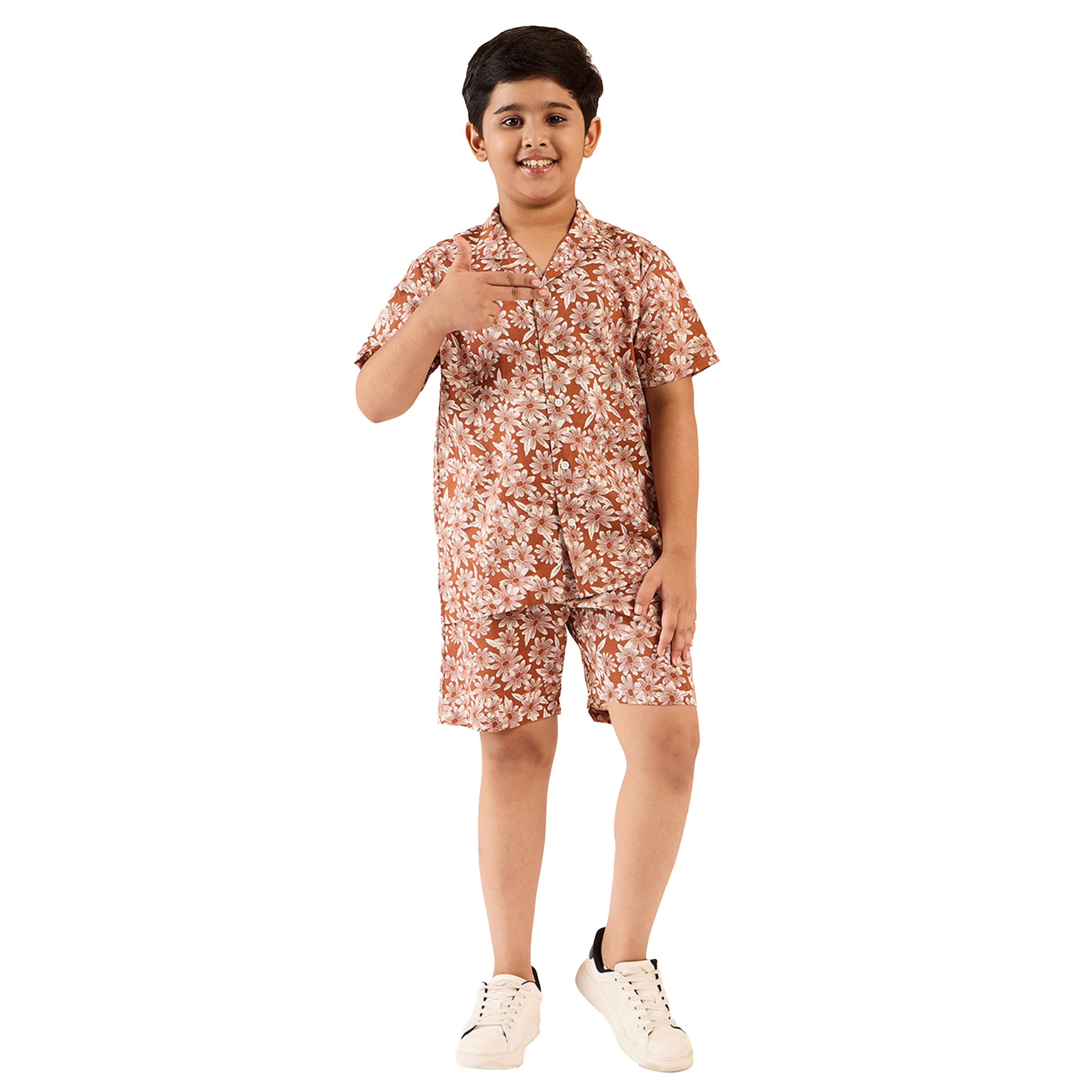 ستايلو باغ × ستايلي- طقم قميص وشورت رايون بني للأولاد-boys-clothing-setsandcoords-image-1