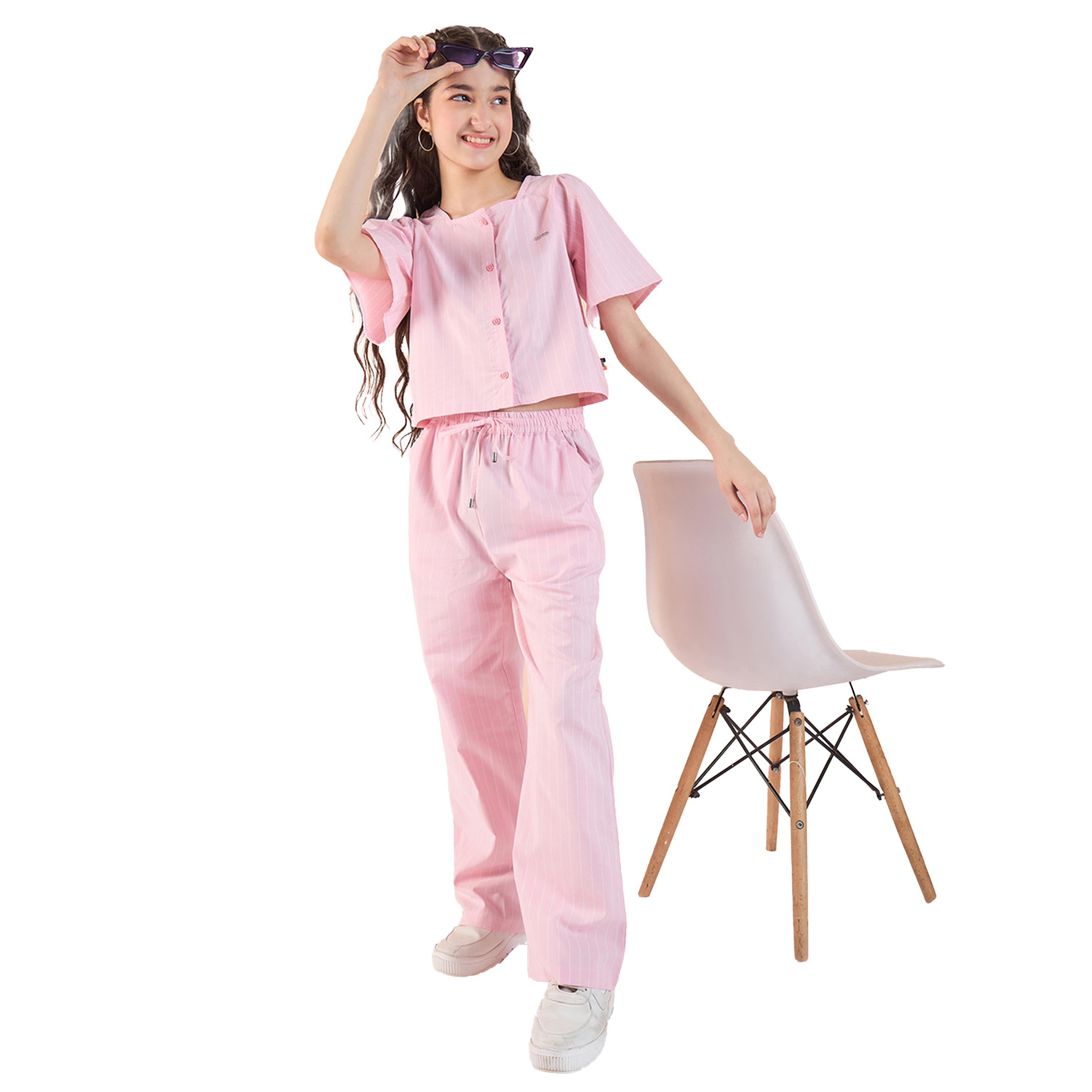 Stylo Bug X Styli Pink Striped Top and Pants Set for Girls-girls-clothing-setsandcoords-image-1