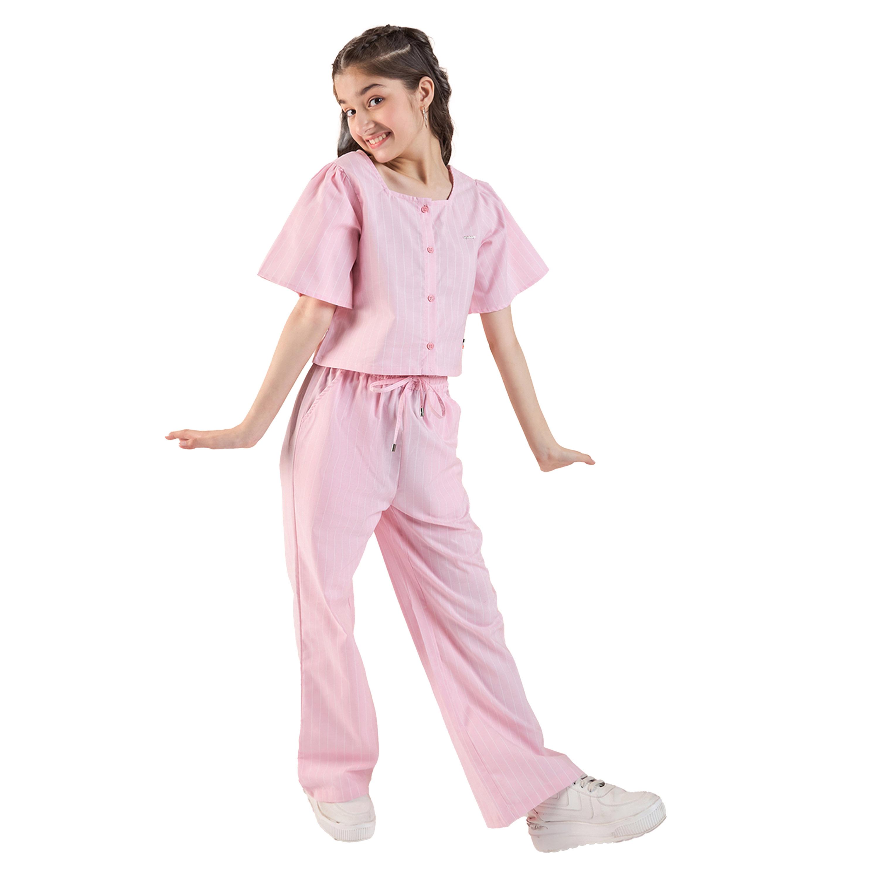 ستايلو باغ × ستايلي- طقم بلوزة وسروال مخطط لون وردي للبنات-girls-clothing-setsandcoords-image-4