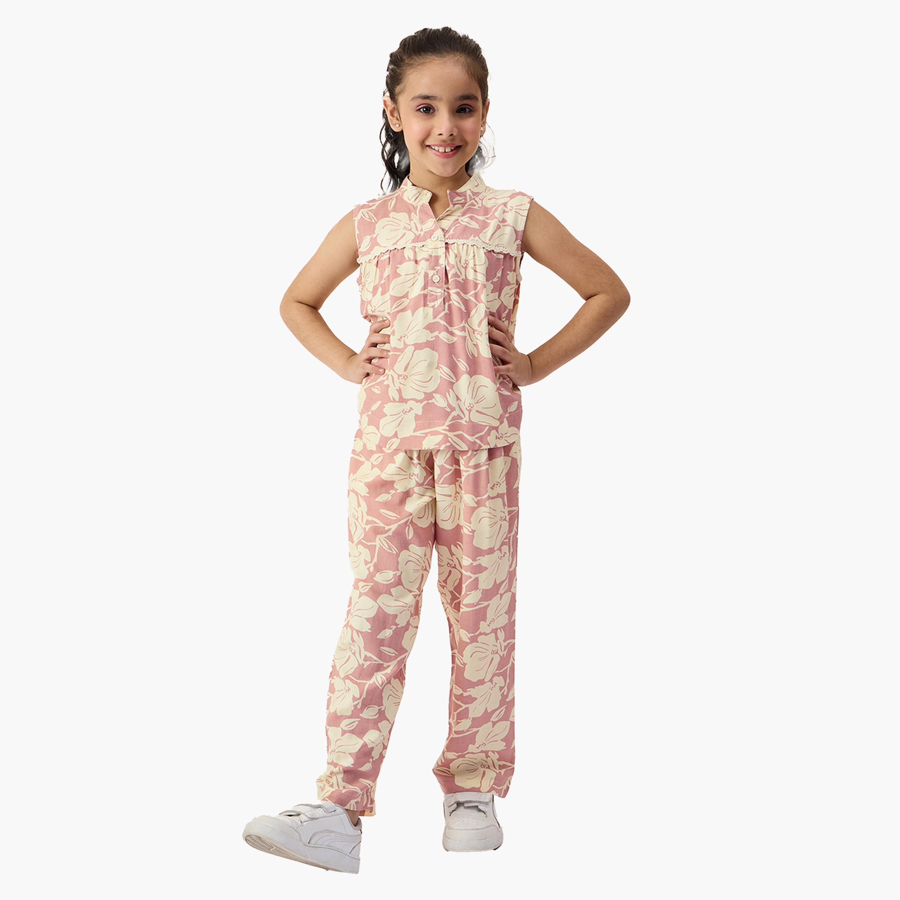 ستايلو باغ × ستايلي-  طقم بلوزة وبنطال بدون أكمام بطبعة زهور-girls-clothing-setsandcoords-image-1