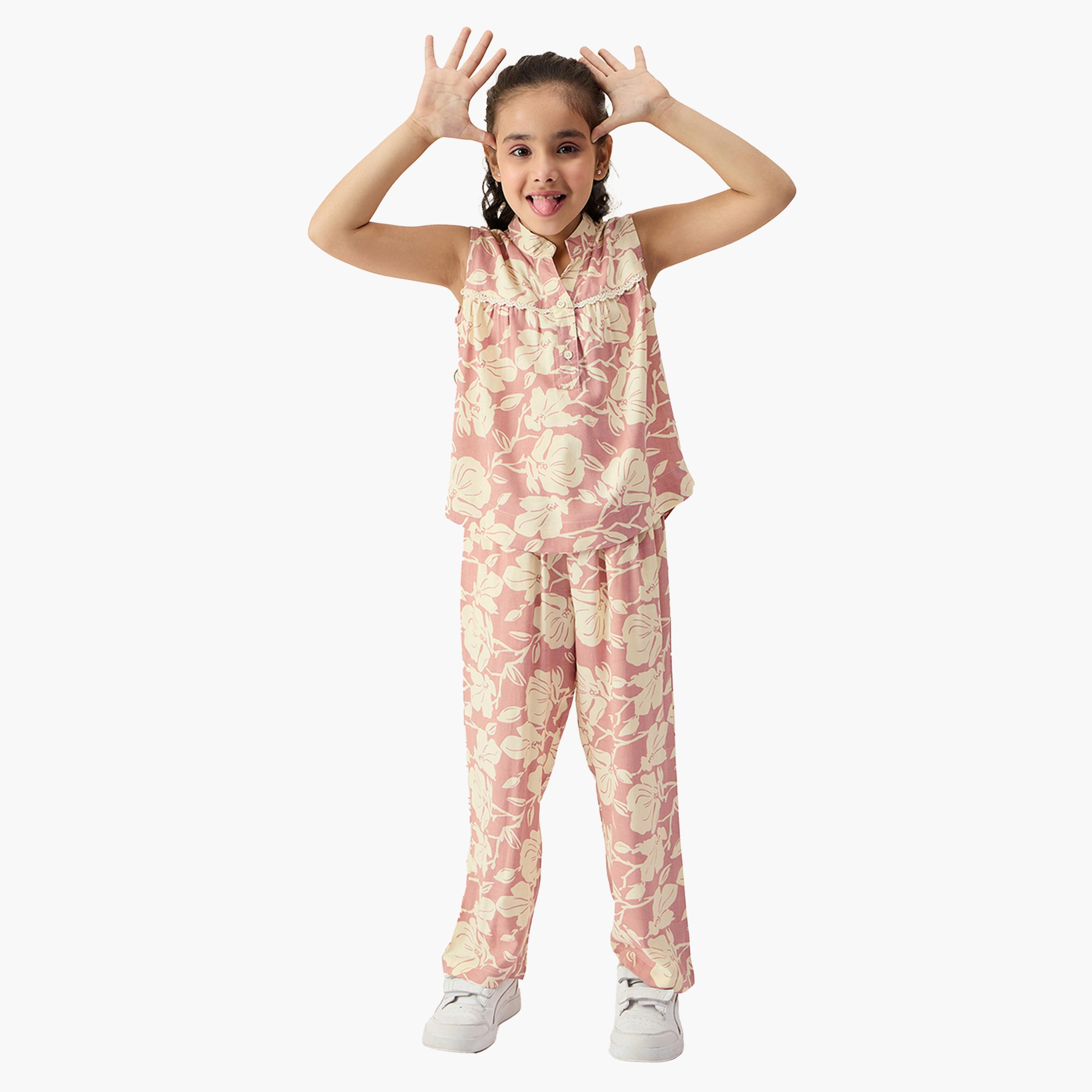 ستايلو باغ × ستايلي-  طقم بلوزة وبنطال بدون أكمام بطبعة زهور-girls-clothing-setsandcoords-image-2