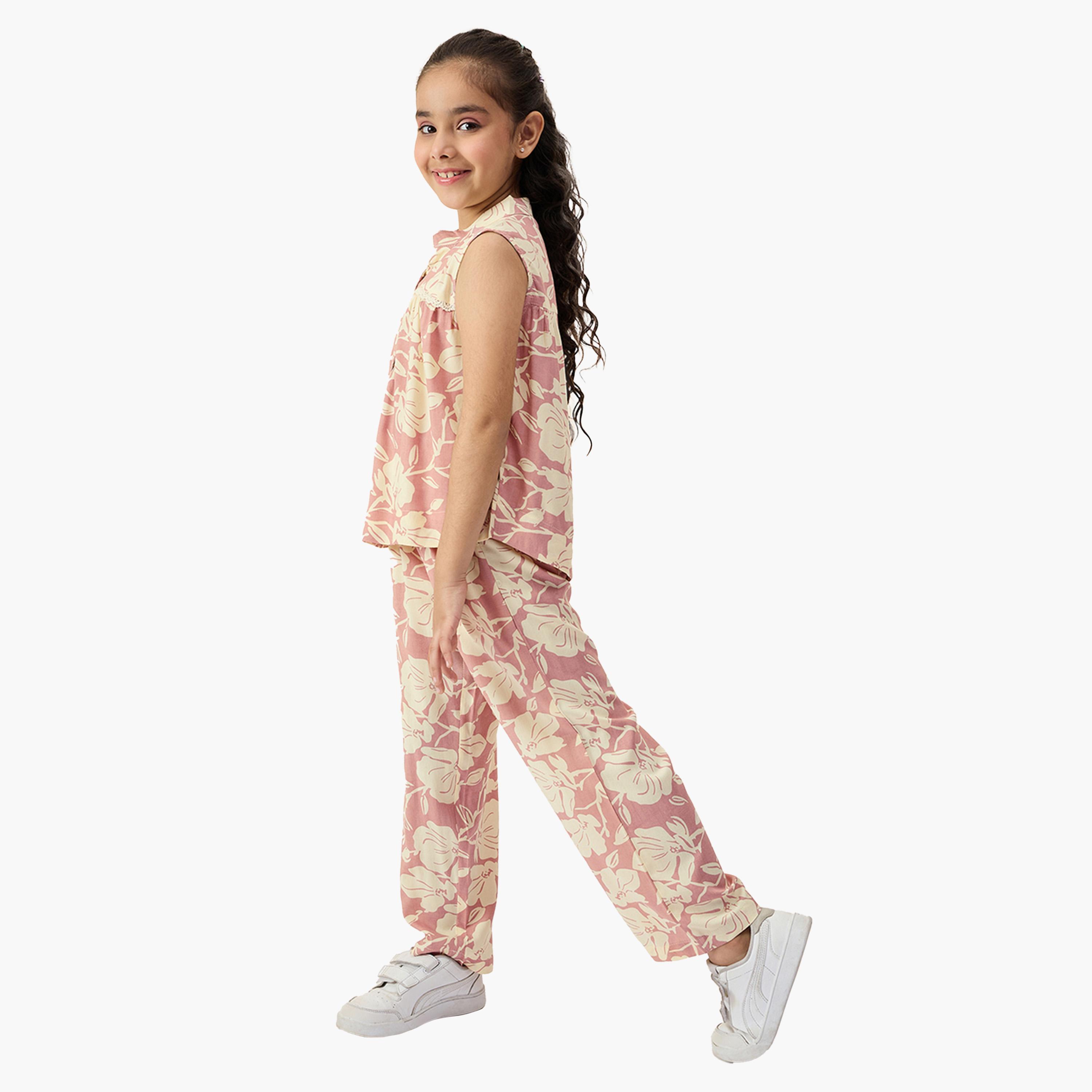 ستايلو باغ × ستايلي-  طقم بلوزة وبنطال بدون أكمام بطبعة زهور-girls-clothing-setsandcoords-image-3