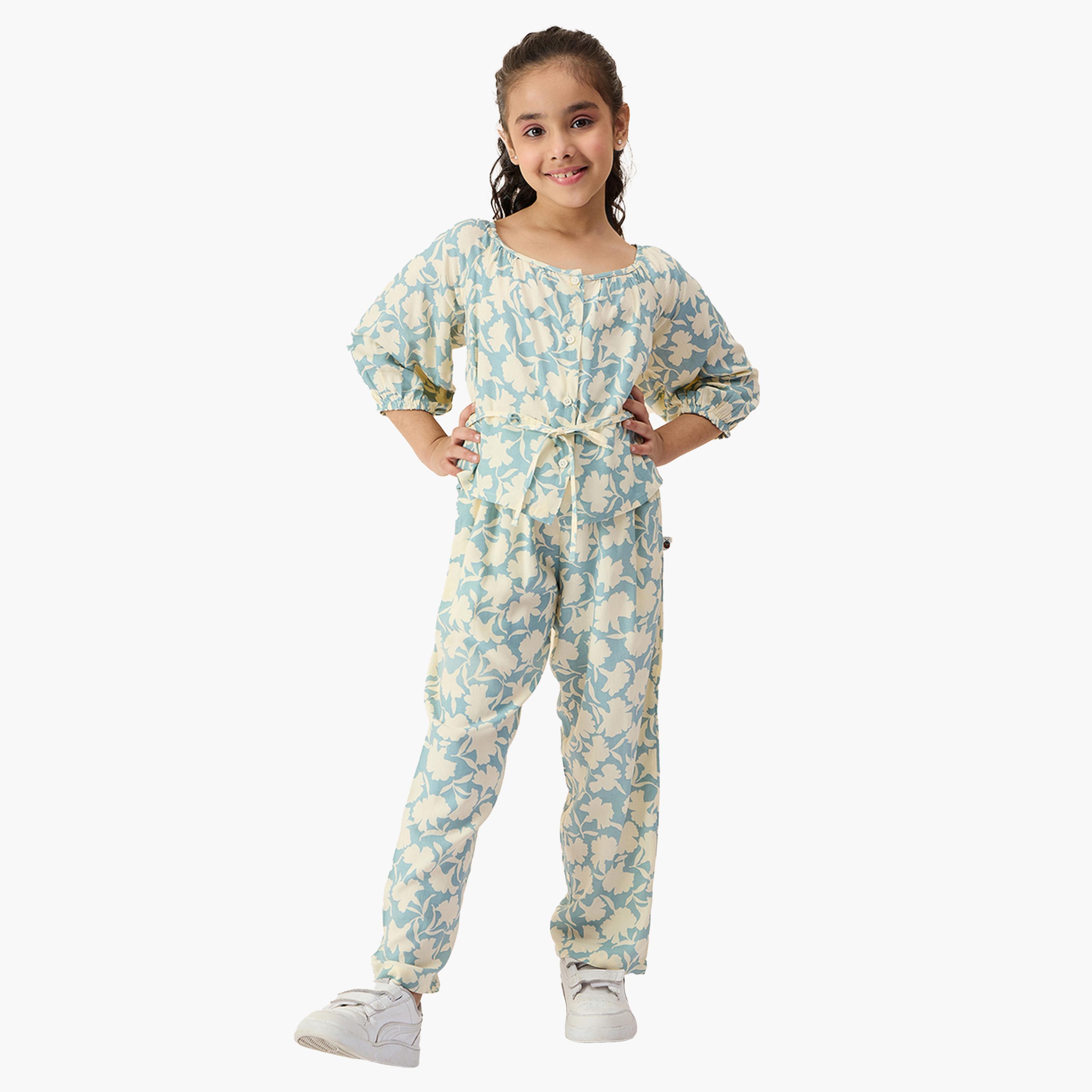 ستايلو باغ × ستايلي-  طقم بلوزة وبنطال ياقة دائرية وطبعة زهور-girls-clothing-setsandcoords-image-1
