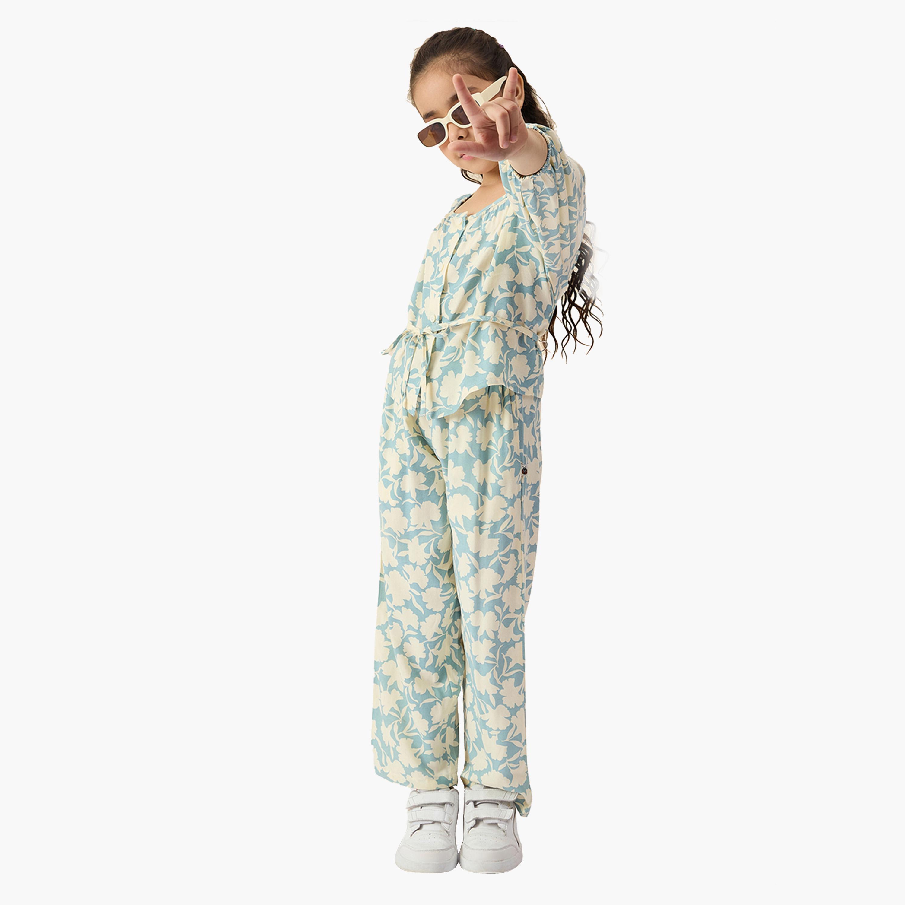 ستايلو باغ × ستايلي-  طقم بلوزة وبنطال ياقة دائرية وطبعة زهور-girls-clothing-setsandcoords-image-2