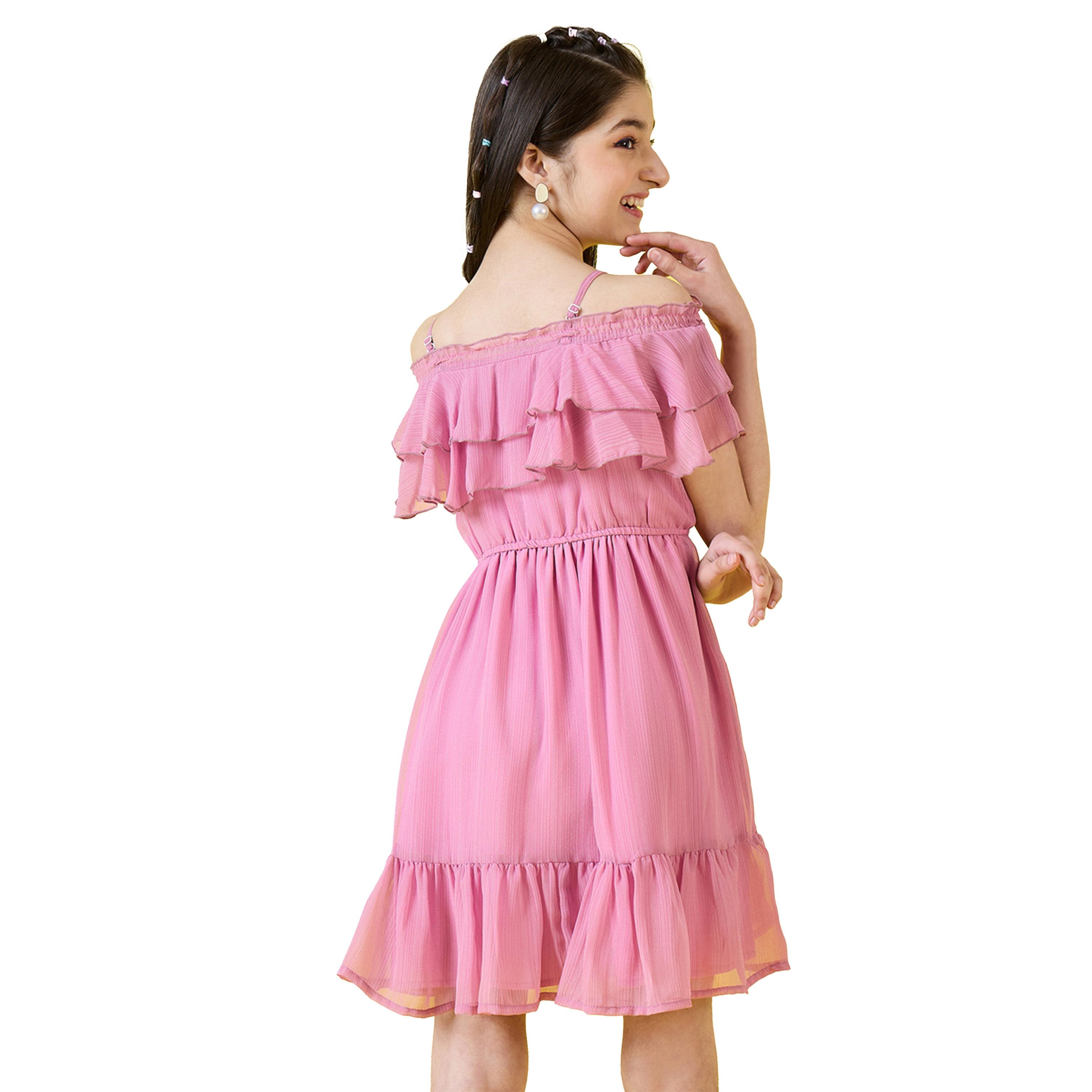 Stylo Bug X Styli Solid Cold-Shoulder Sleeves Ruffled Dress-girls-clothing-dressesandjumpsuits-image-4