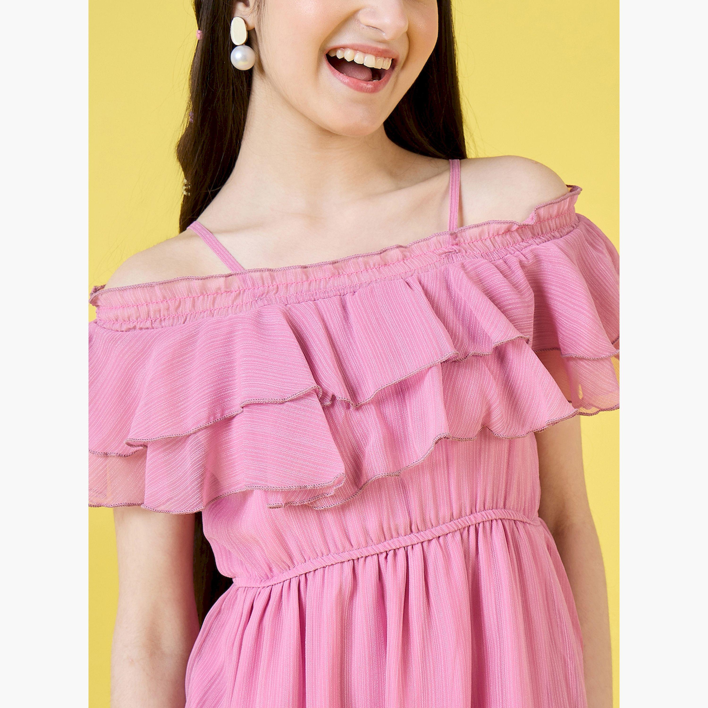 Stylo Bug X Styli Solid Cold-Shoulder Sleeves Ruffled Dress-girls-clothing-dressesandjumpsuits-image-5