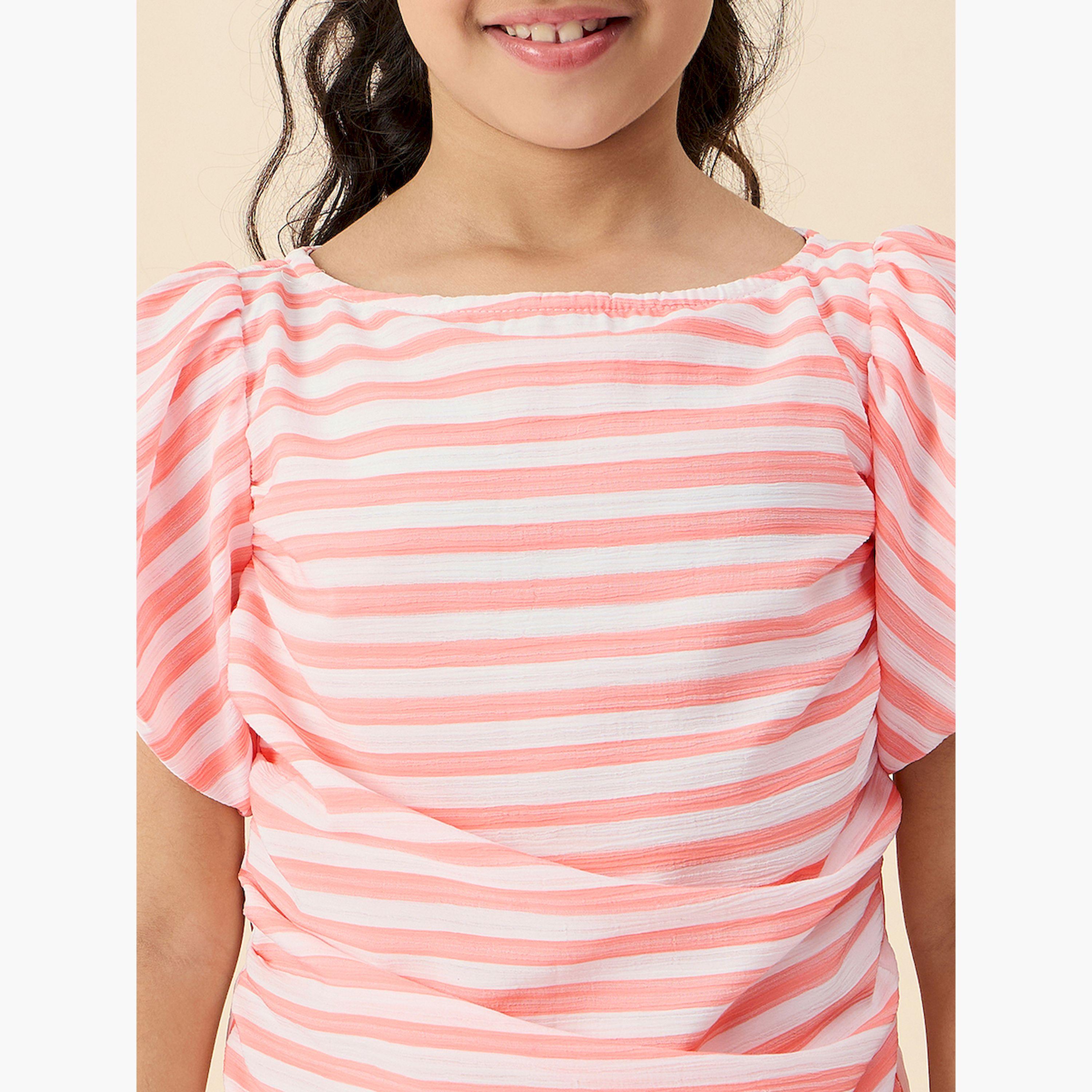 Stylo Bug X Styli Striped Boat Neck A-Line Dress with Ruched Detail-girls-clothing-dressesandjumpsuits-image-5