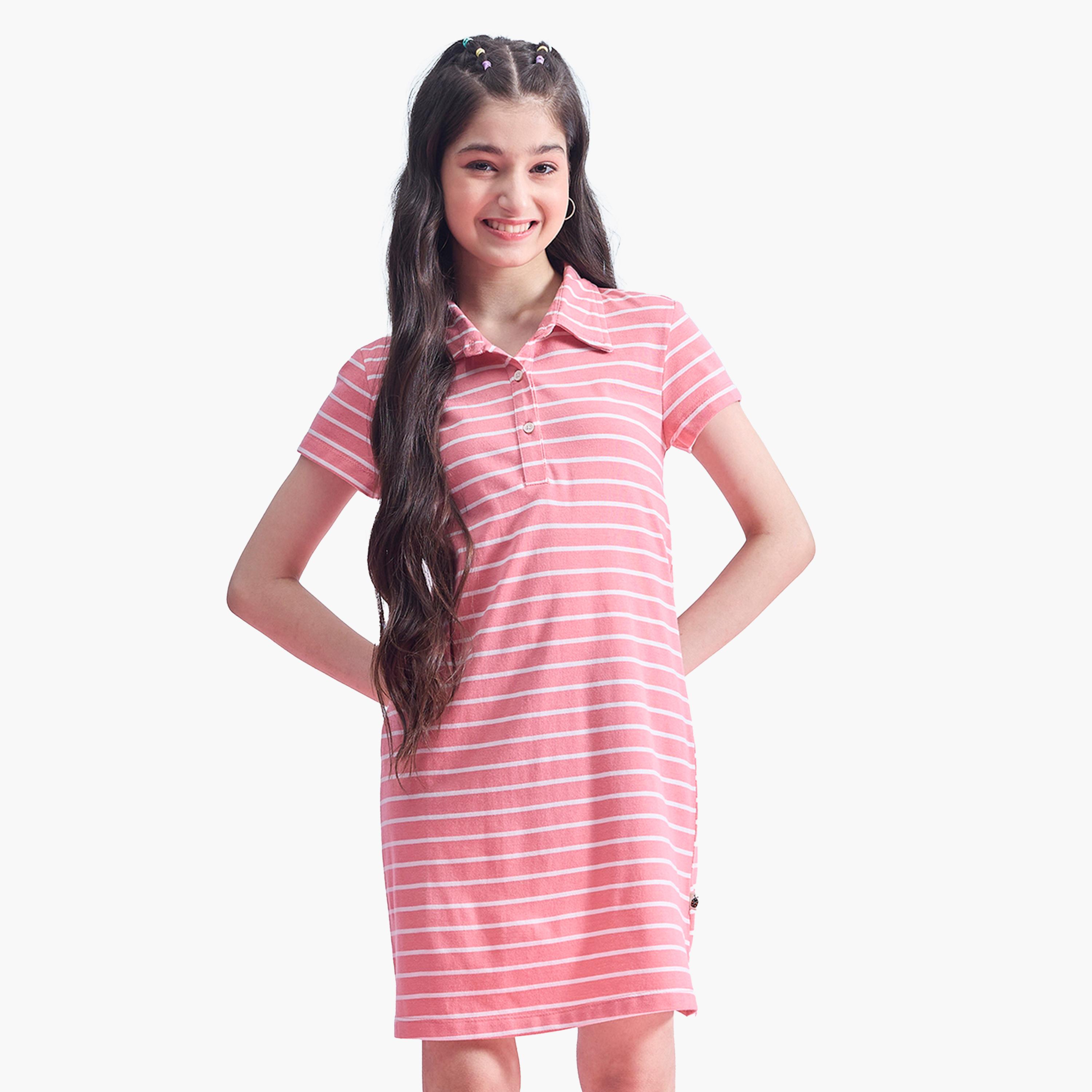 Stylo Bug X Styli Striped Collared Half-Button Placket A-Line Dress-girls-clothing-dressesandjumpsuits-image-1