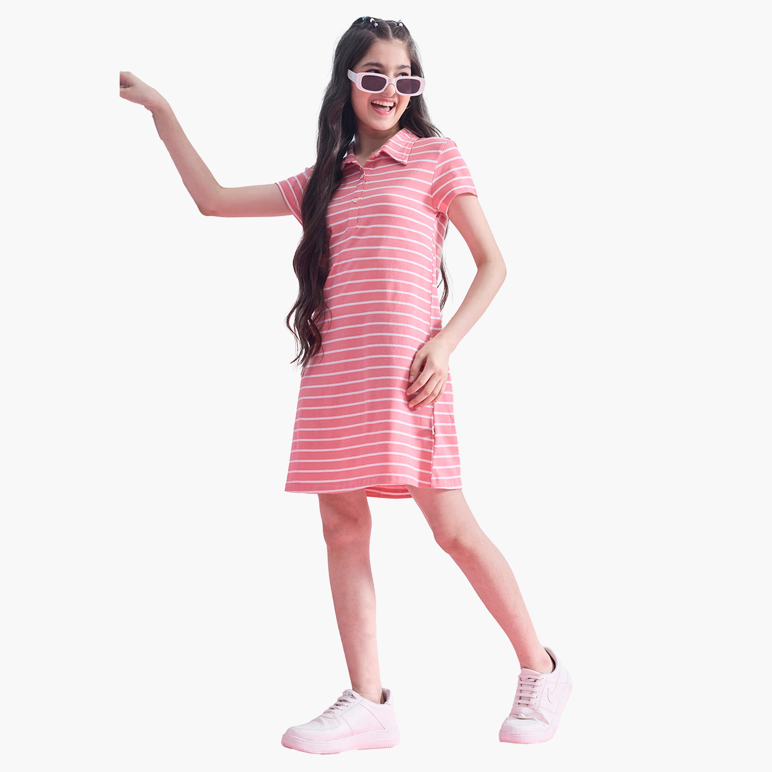 Stylo Bug X Styli Striped Collared Half-Button Placket A-Line Dress-girls-clothing-dressesandjumpsuits-image-2