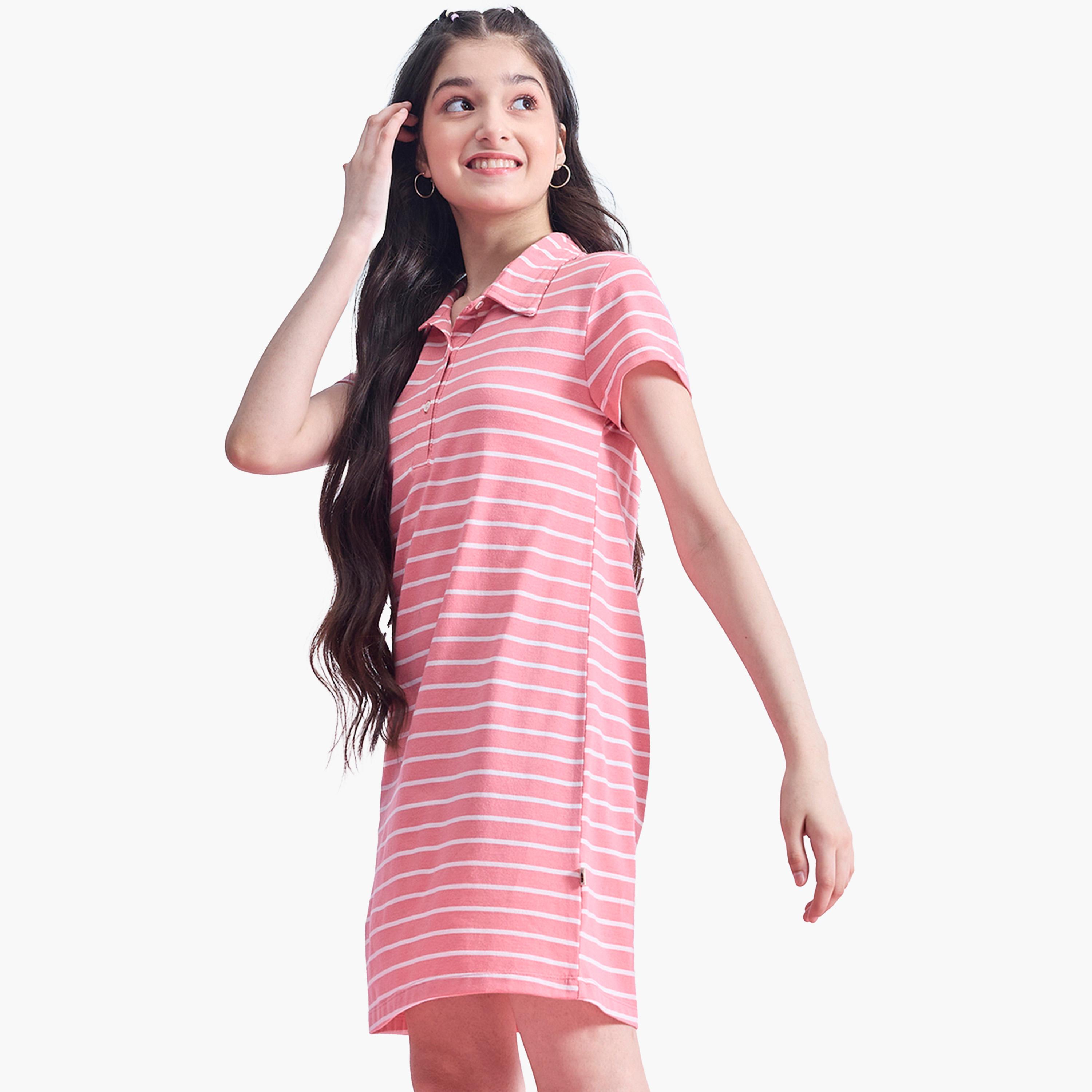 ستايلو باغ × ستايلي - فستان مخطط بياقة وأزرار نصفية وقصة A-girls-clothing-dressesandjumpsuits-image-3