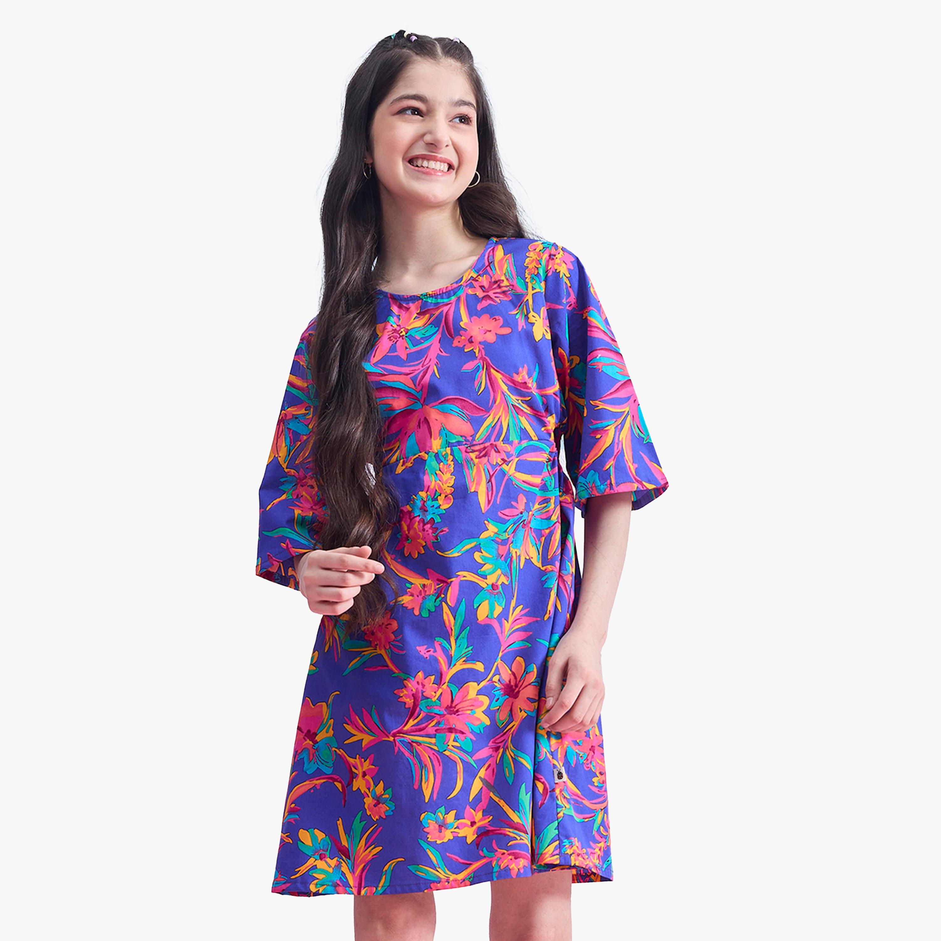 ستايلو باغ × ستايلي-  فستان مطبوع عليه زهور بأكمام 3/4-girls-clothing-dressesandjumpsuits-image-1