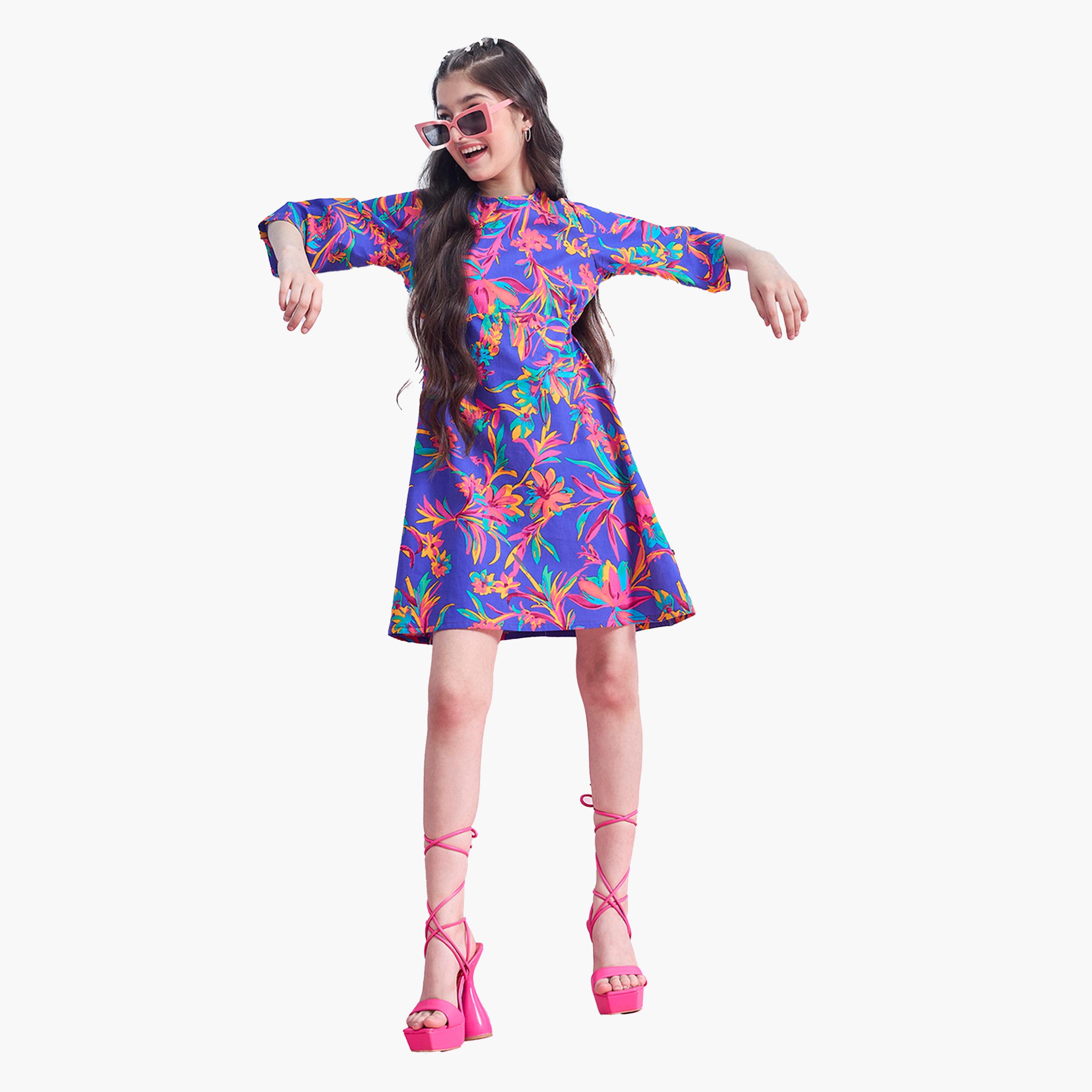 Stylo Bug X Styli Floral Printed 3/4 Sleeves Dress-girls-clothing-dressesandjumpsuits-image-2