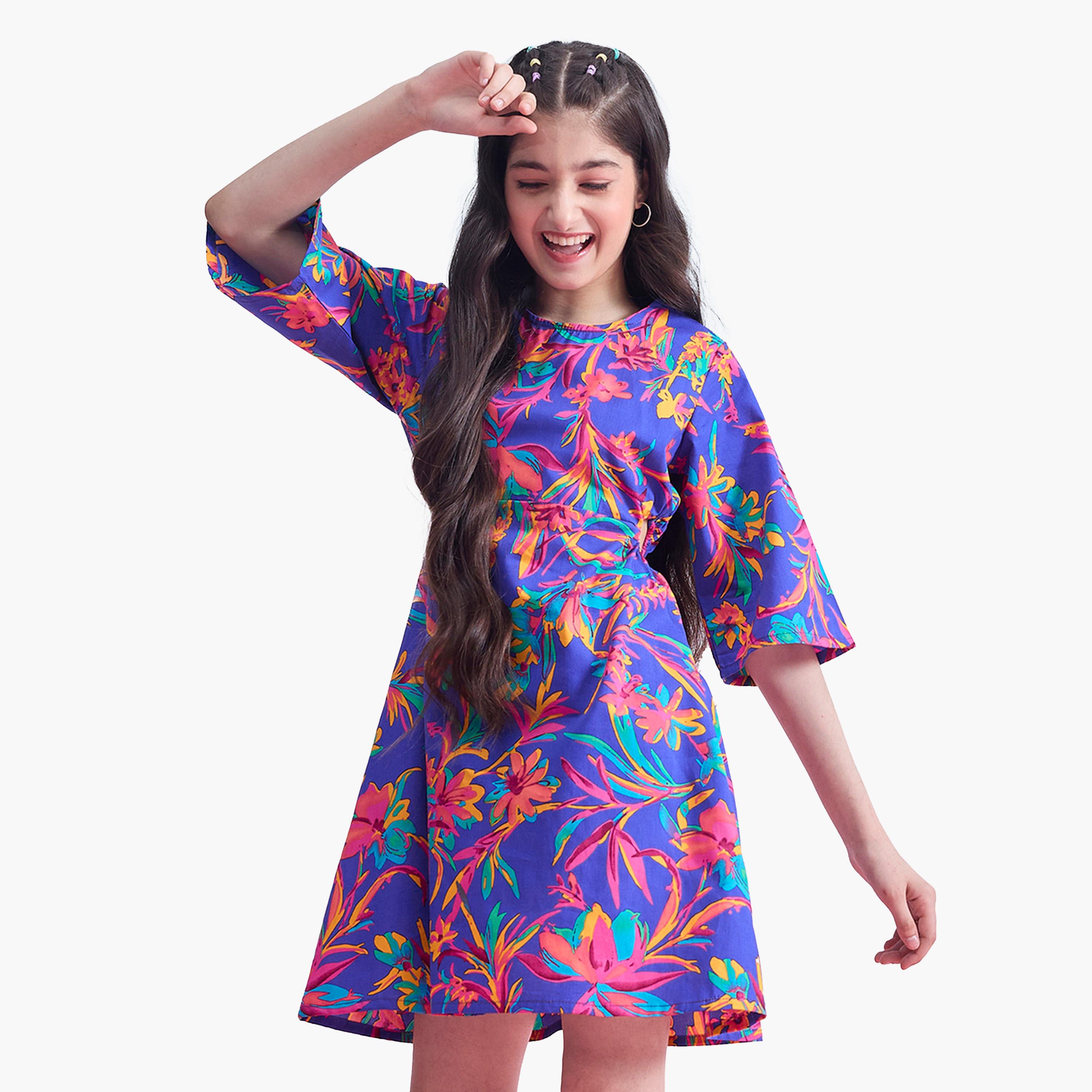 ستايلو باغ × ستايلي-  فستان مطبوع عليه زهور بأكمام 3/4-girls-clothing-dressesandjumpsuits-image-3