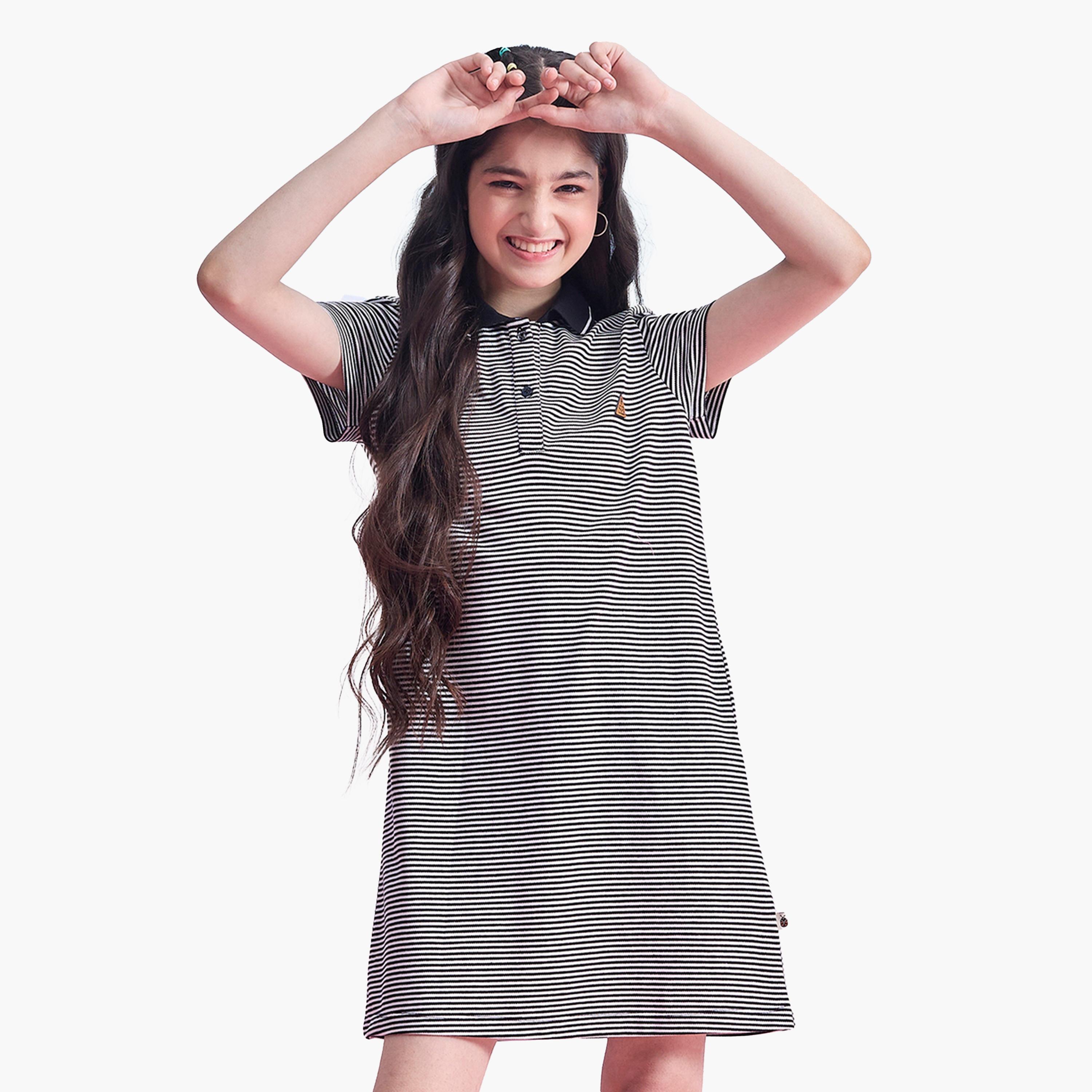 Stylo Bug X Styli Striped Collared Half-Button Placket A-Line Dress-girls-clothing-dressesandjumpsuits-image-1