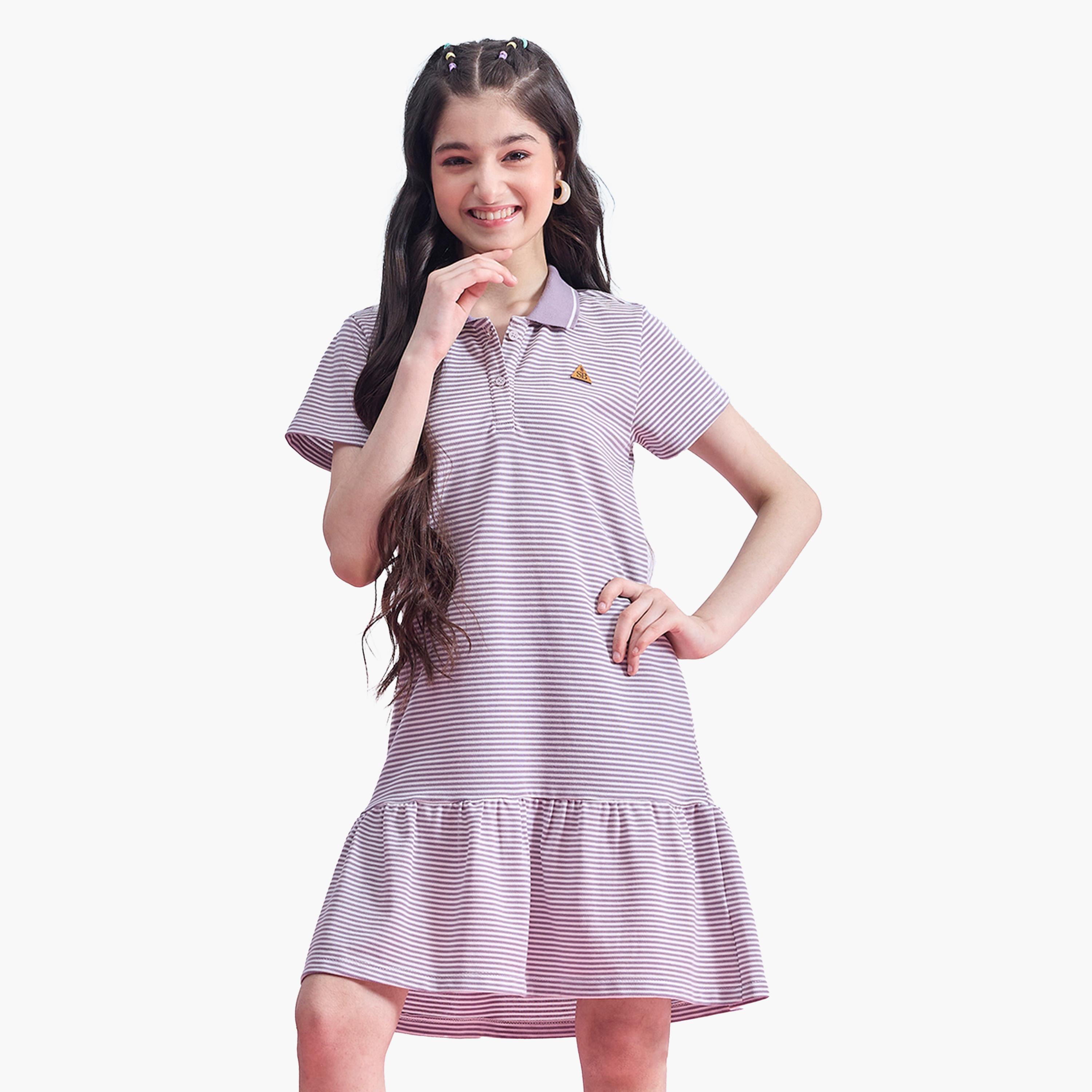 Stylo Bug X Styli Striped Collared Half-Button Placket A-Line Dress-girls-clothing-dressesandjumpsuits-image-1