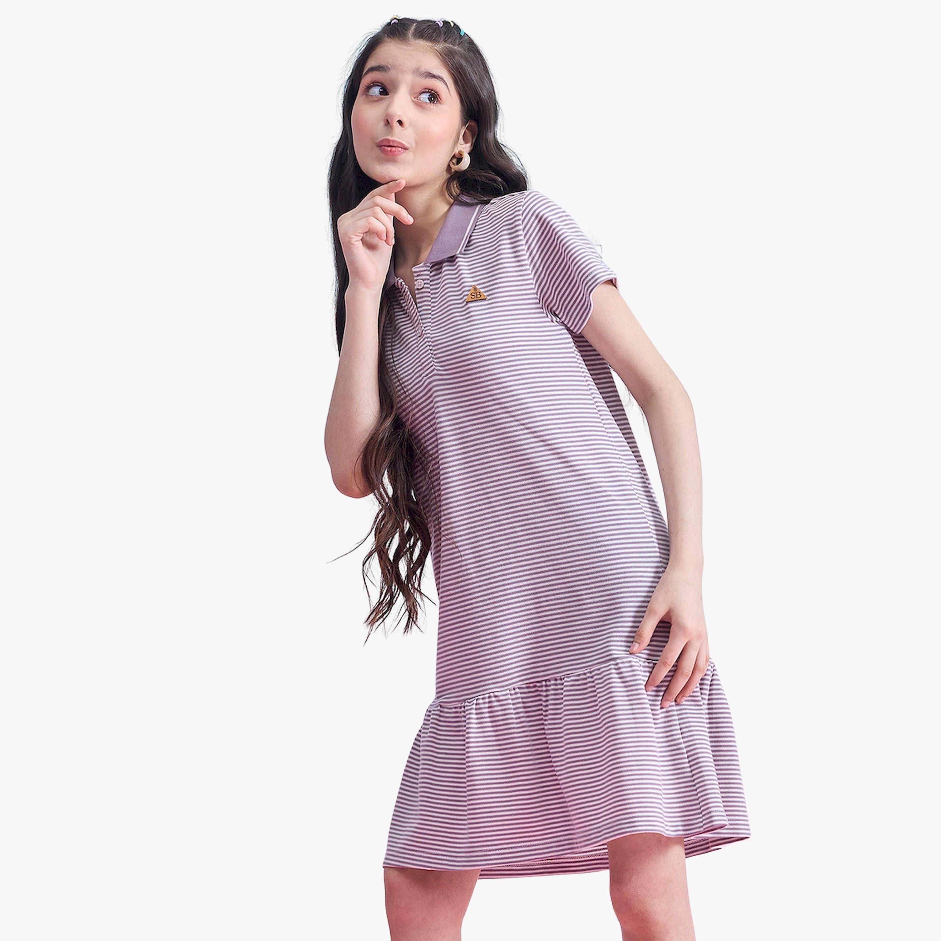 Stylo Bug X Styli Striped Collared Half-Button Placket A-Line Dress-girls-clothing-dressesandjumpsuits-image-6