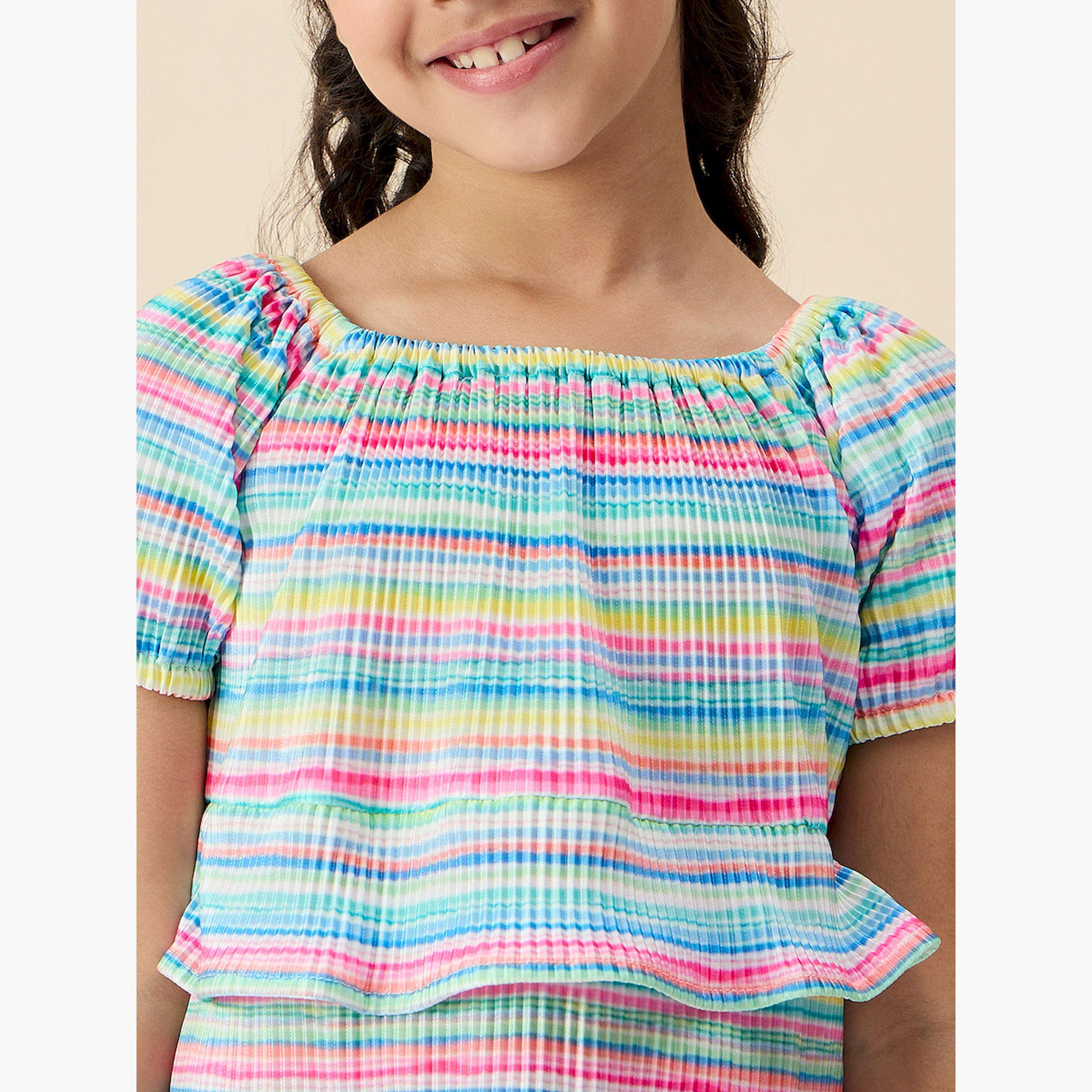 ستايلو باغ × ستايلي- فستان مخطط ذو طبقات وياقة مربعة مع حافة كشكش-girls-clothing-dressesandjumpsuits-image-5