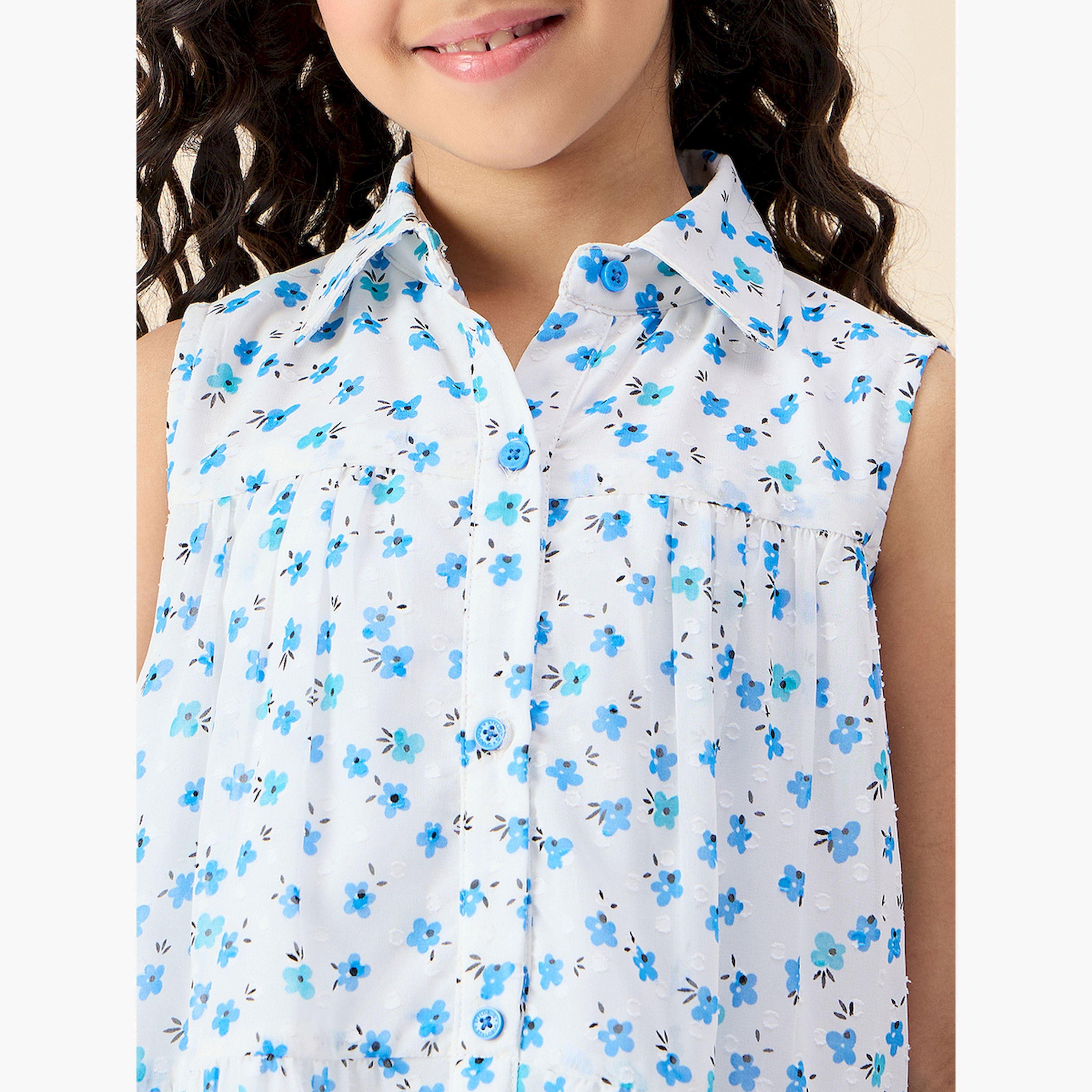 Stylo Bug X Styli Floral Print Collared Sleeveless Tiered Dress-girls-clothing-dressesandjumpsuits-image-5