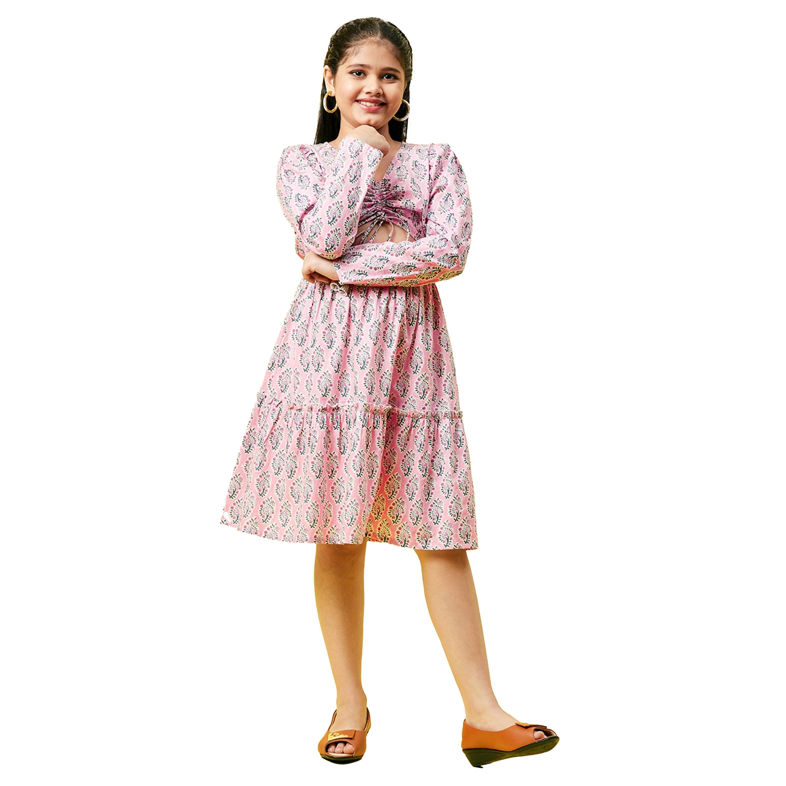 Stylo Bug X Styli Block Printed V Neck Dress with Cut Out Detail-girls-clothing-dressesandjumpsuits-image-1