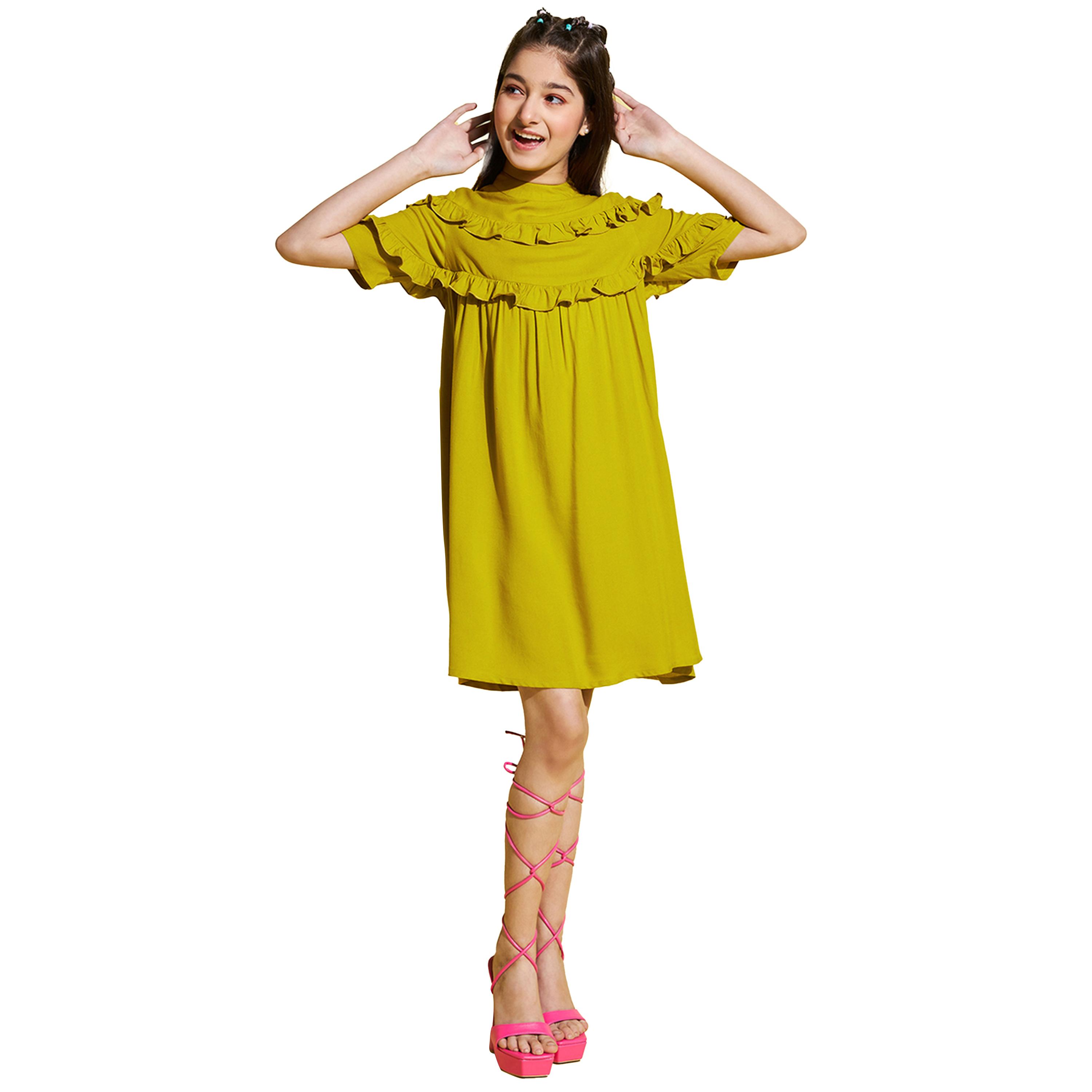 Stylo Bug X Styli Solid High Neck Ruffled Detail Dress-girls-clothing-dressesandjumpsuits-image-1