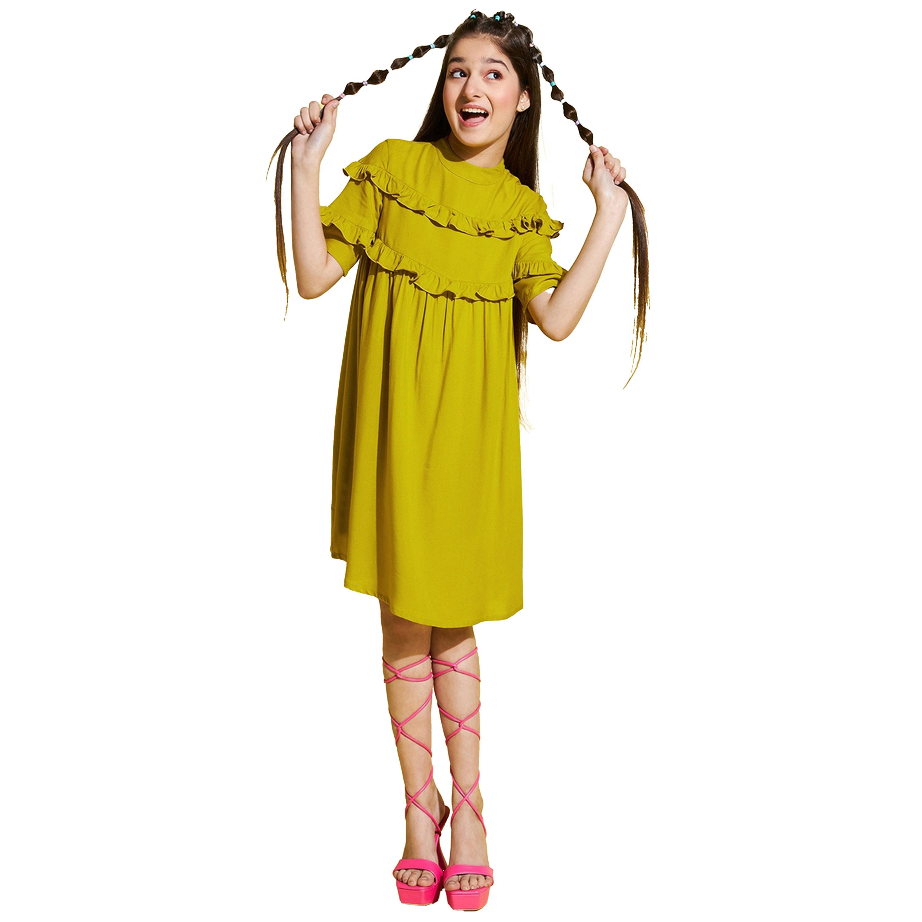 Stylo Bug X Styli Solid High Neck Ruffled Detail Dress-girls-clothing-dressesandjumpsuits-image-2