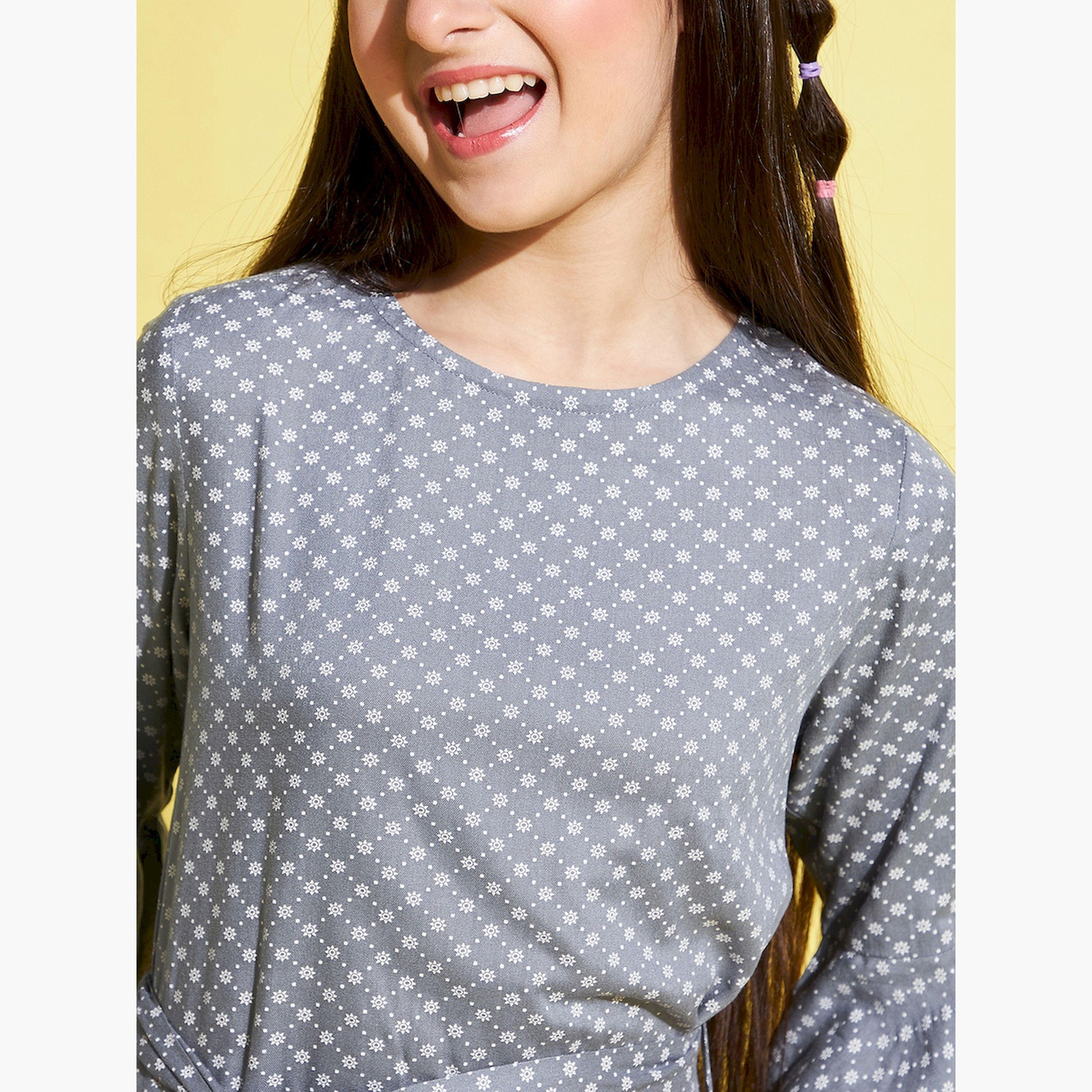 Stylo Bug X Styli All-Over Print 3/4 Sleeves Belted Dress-girls-clothing-dressesandjumpsuits-image-6