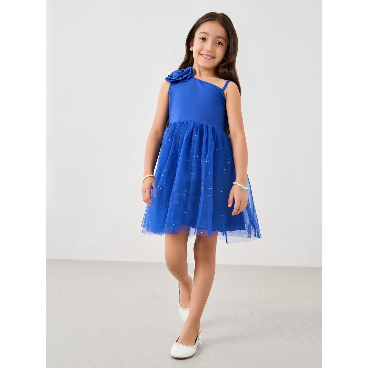 فستان منمق بياقة غير متماثلة الطول مع كورساج-girls-clothing-dressesandjumpsuits-image-1