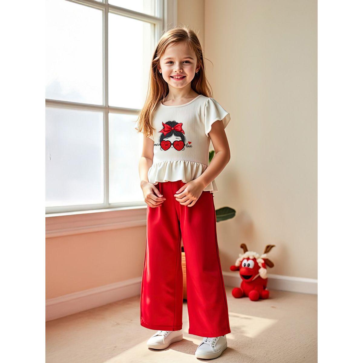 Styli Kids 2pcs Printed Short Sleeve T-Shirt and Red Wide Leg Pants Sets-girls-clothing-setsandcoords-image-4