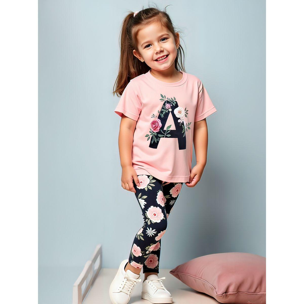 Styli Kids 2pcs Graphic Print Short Sleeve T-Shirt and Flora Print Leggings-girls-clothing-setsandcoords-image-1