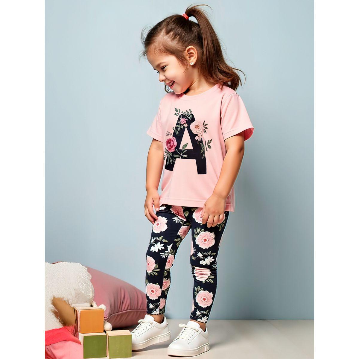 Styli Kids 2pcs Graphic Print Short Sleeve T-Shirt and Flora Print Leggings-girls-clothing-setsandcoords-image-2