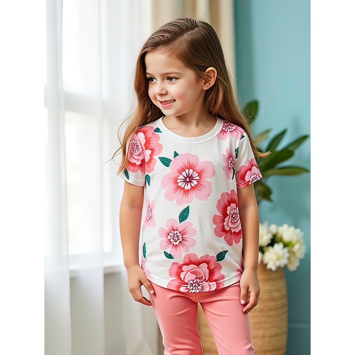 Styli Kids 2pcs Flora Print Short Sleeve T-Shirt and Solid Leggings-girls-clothing-setsandcoords-image-5