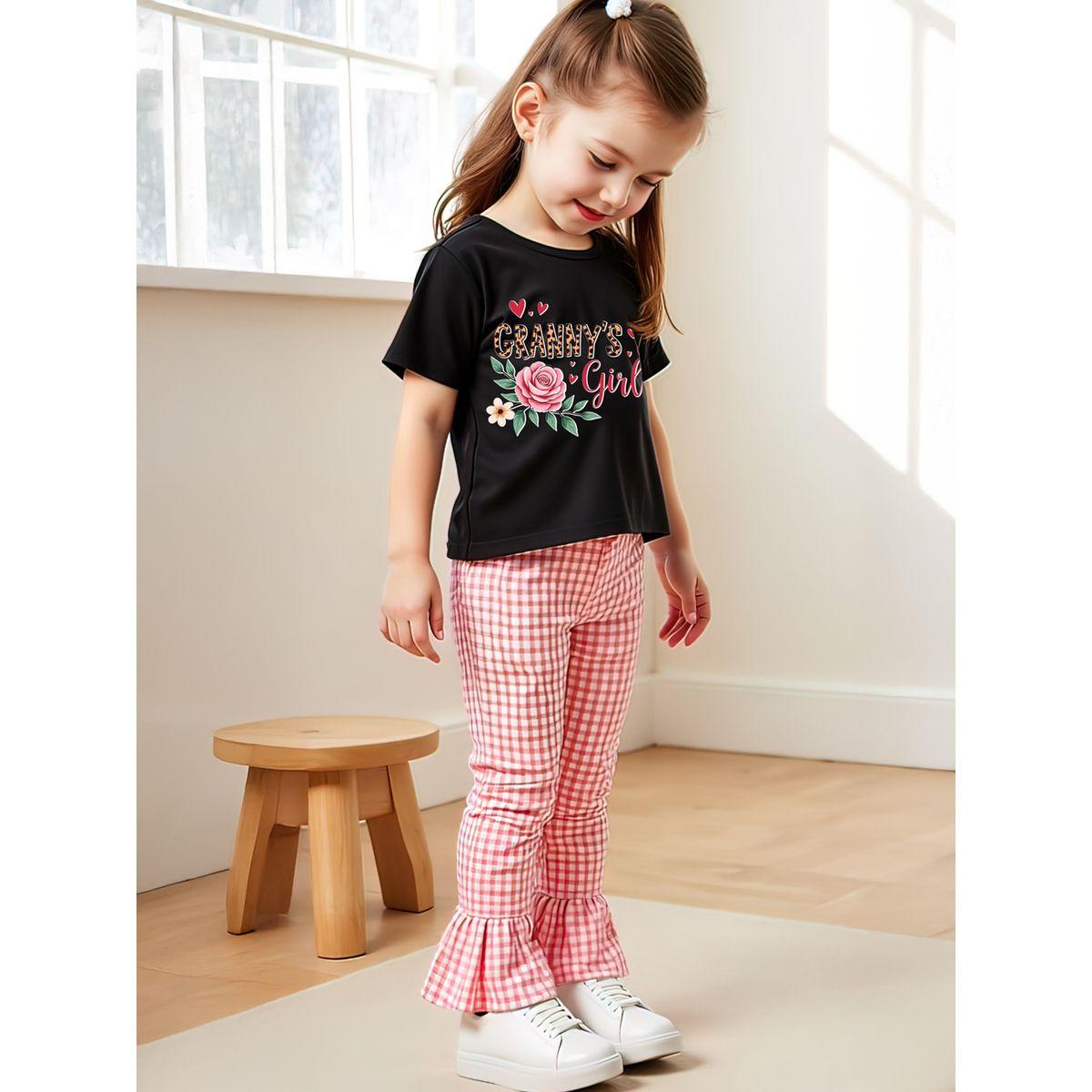 Styli Kids 2pcs Graphic Print Short Sleeve T-Shirt and Checked Pants-girls-clothing-setsandcoords-image-1