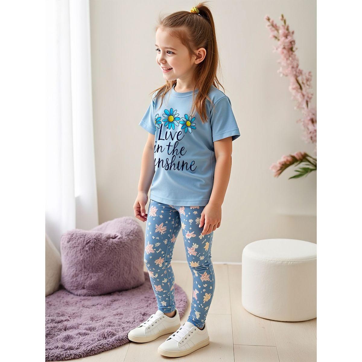 Styli Kids 2pcs Graphic Print Short Sleeve T-Shirt and Flora Print Leggings-girls-clothing-setsandcoords-image-1