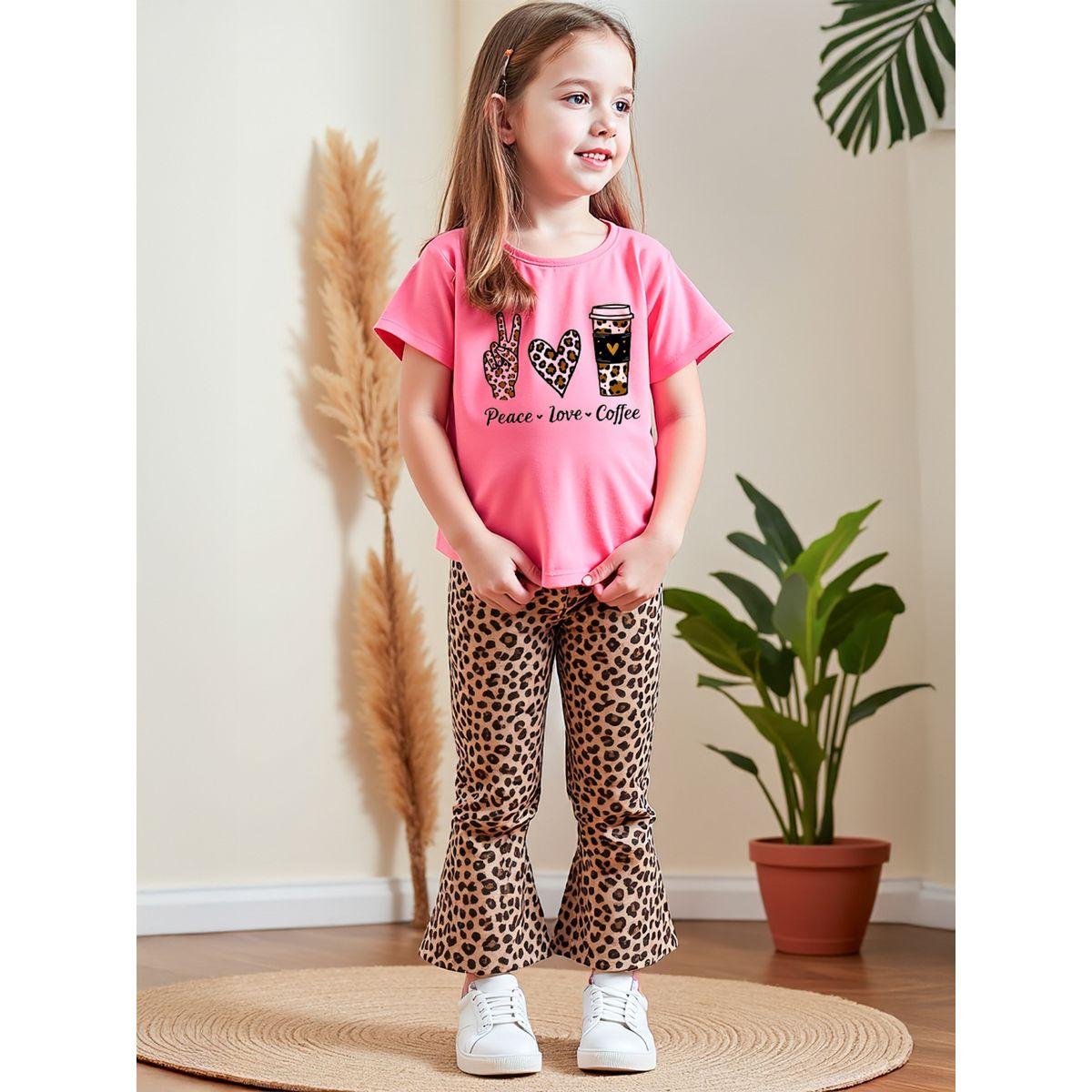 Styli Kids 2pcs Graphic Print Short Sleeve T-Shirt and Leopard Print Flare-girls-clothing-setsandcoords-image-2