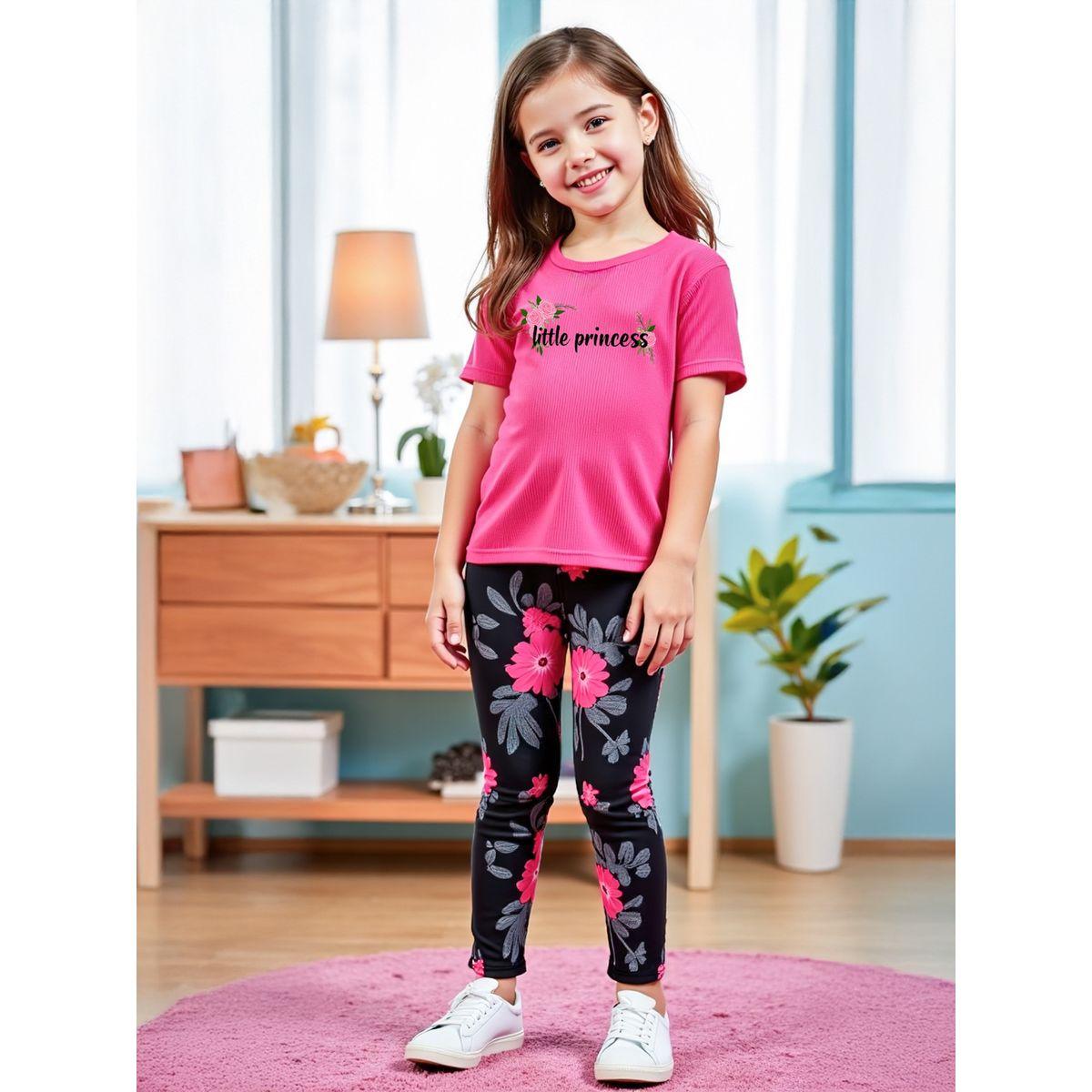 مجموعة من ليقنز بطبعة زهور وتيشيرت بأكمام قصيرة-girls-clothing-setsandcoords-image-2