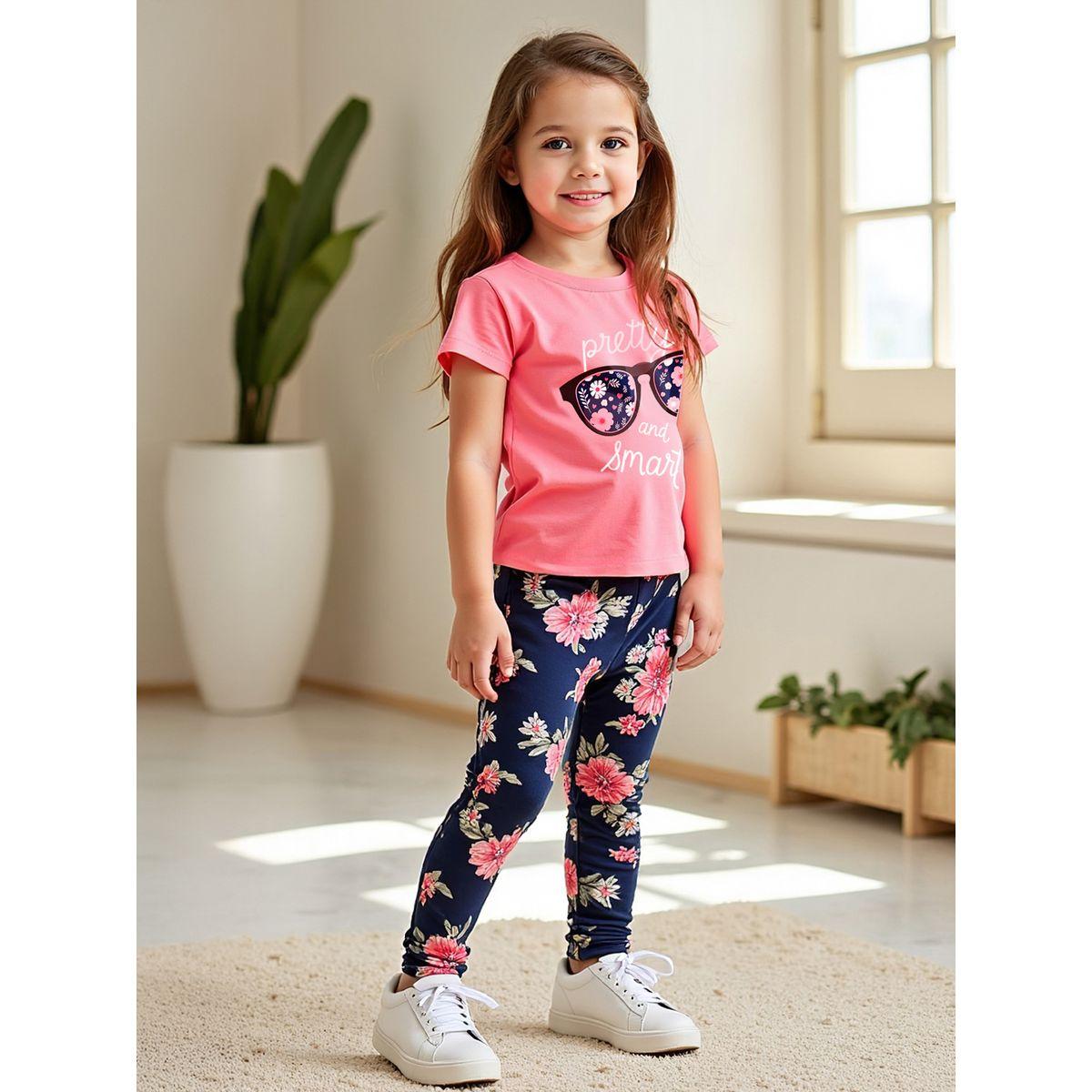 Styli Kids Pink Short Sleeve Floral Printed Leggings Set Pack of 2-girls-clothing-setsandcoords-image-2