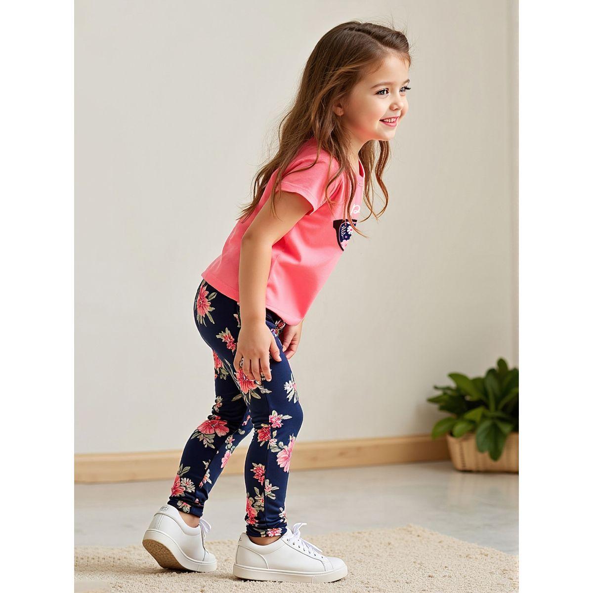 Styli Kids Pink Short Sleeve Floral Printed Leggings Set Pack of 2-girls-clothing-setsandcoords-image-4
