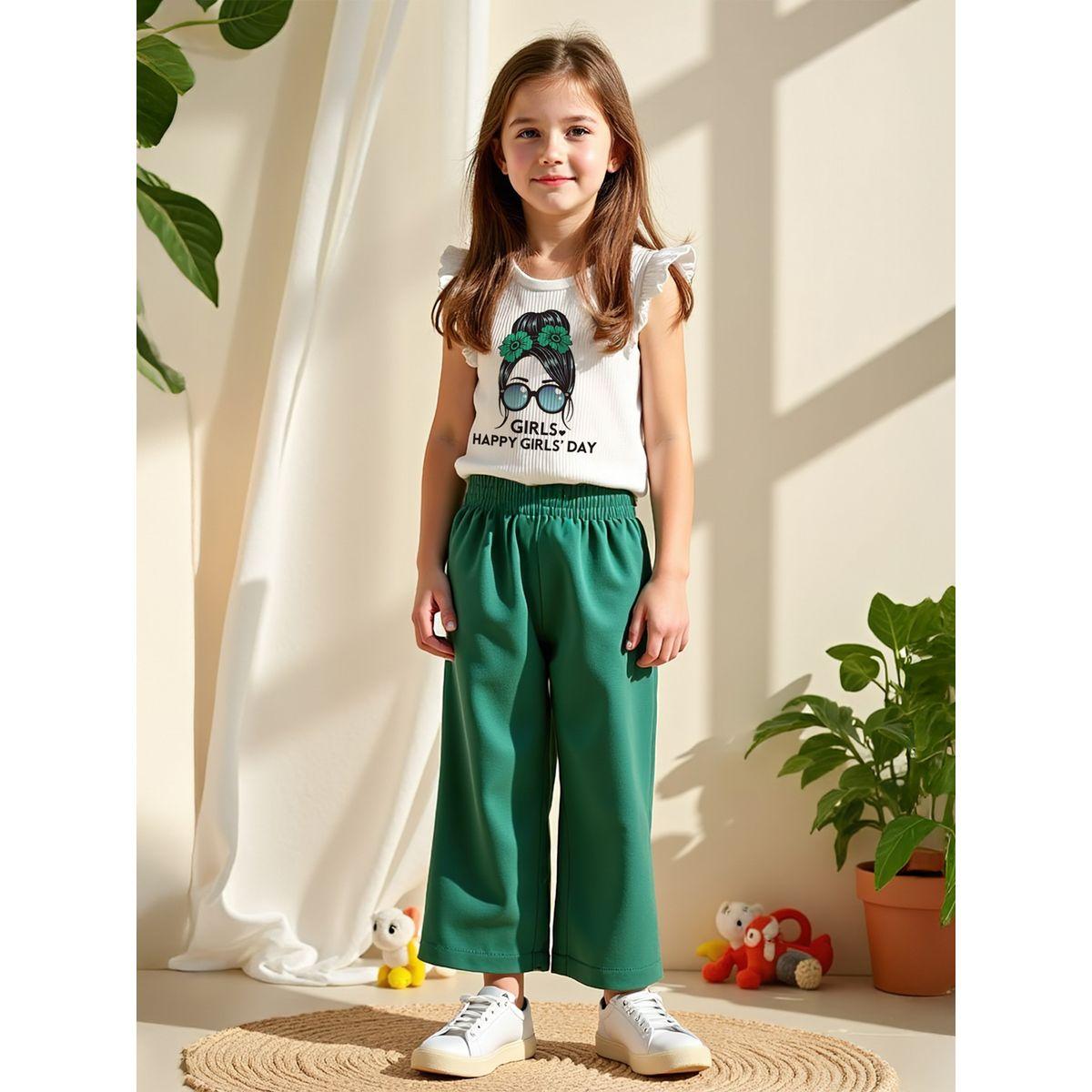 Styli Kids Green Printed T-Shirt and Wide Leg 2pcs Pant-girls-clothing-setsandcoords-image-1