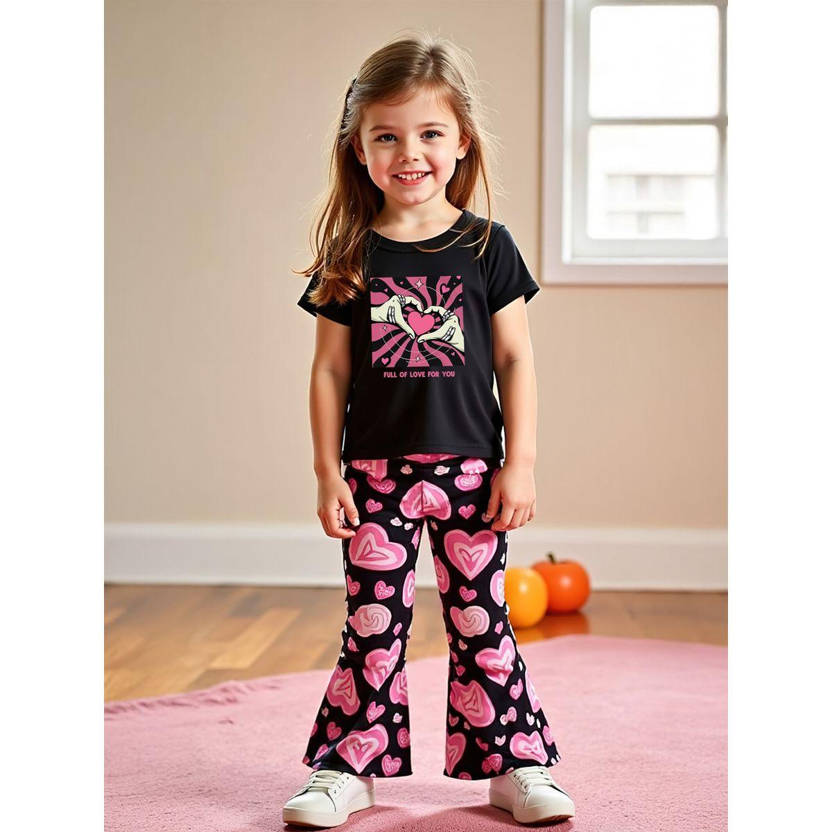 Styli Kids Pink Love Heart Printed T-Shirt & Flare Pants 2pcs Set-girls-clothing-setsandcoords-image-1