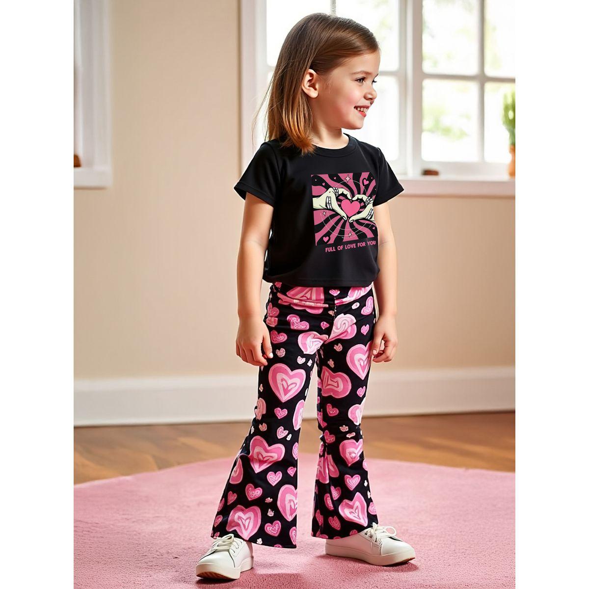 Styli Kids Pink Love Heart Printed T-Shirt & Flare Pants 2pcs Set-girls-clothing-setsandcoords-image-4