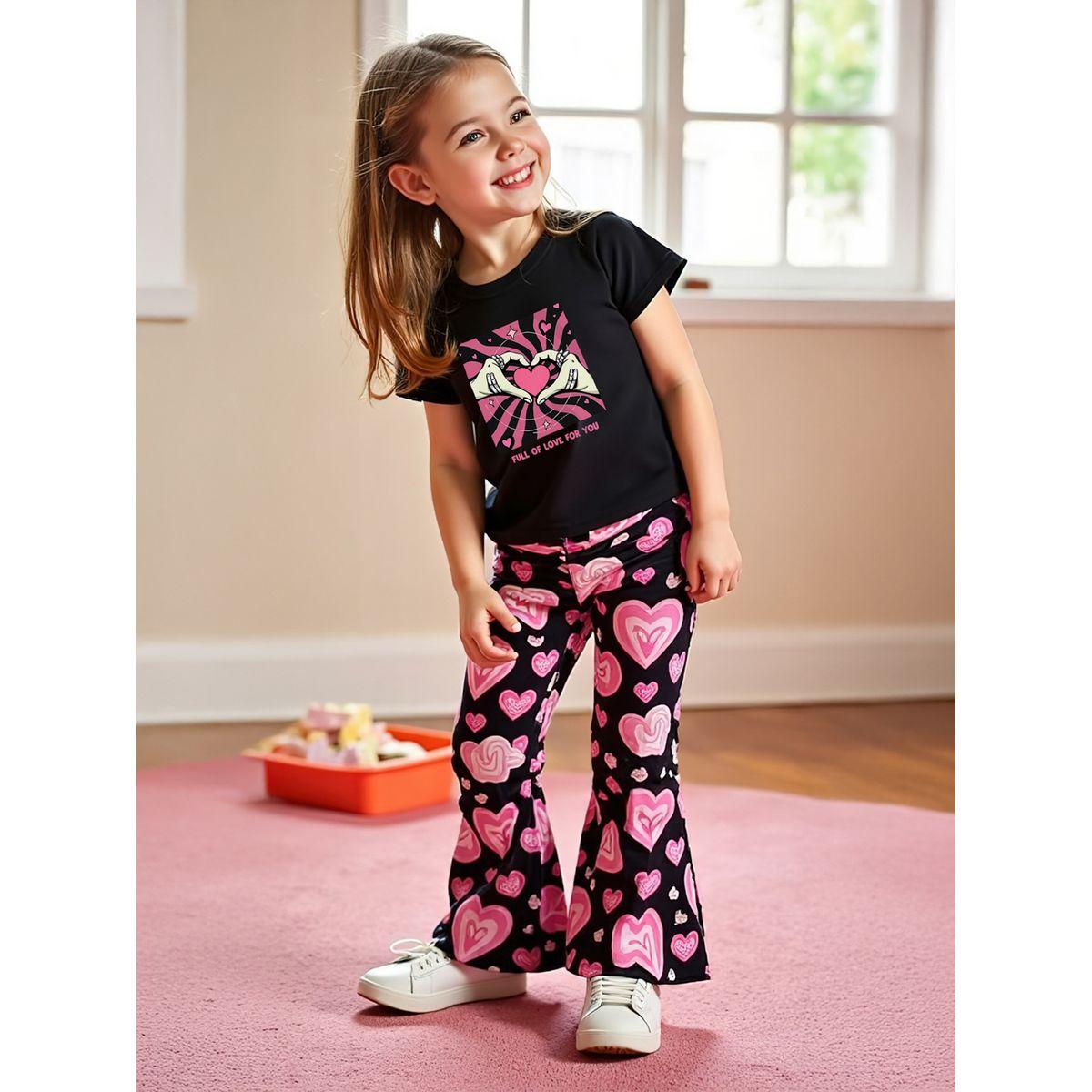 Styli Kids Pink Love Heart Printed T-Shirt & Flare Pants 2pcs Set-girls-clothing-setsandcoords-image-5