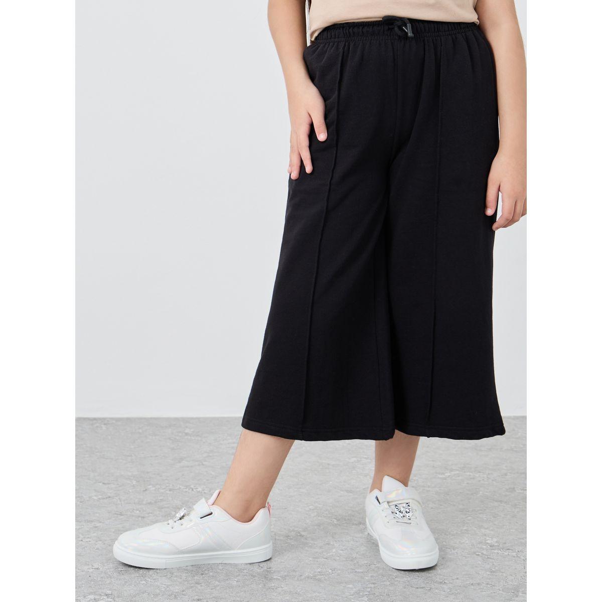Styli Girls Black Solid Pintuck Wide Leg Culottes-girls-clothing-bottoms-trousers-image-1